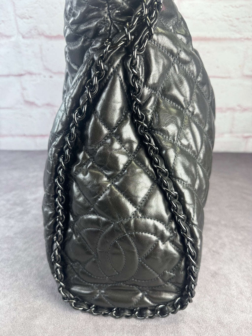 Chanel Gunmetal Leather Chain Me Quilted Bag