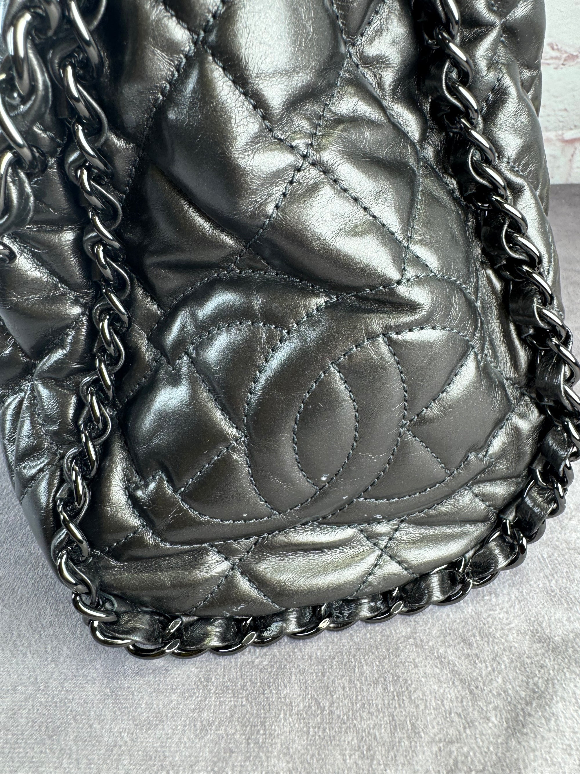 Chanel Gunmetal Leather Chain Me Quilted Bag
