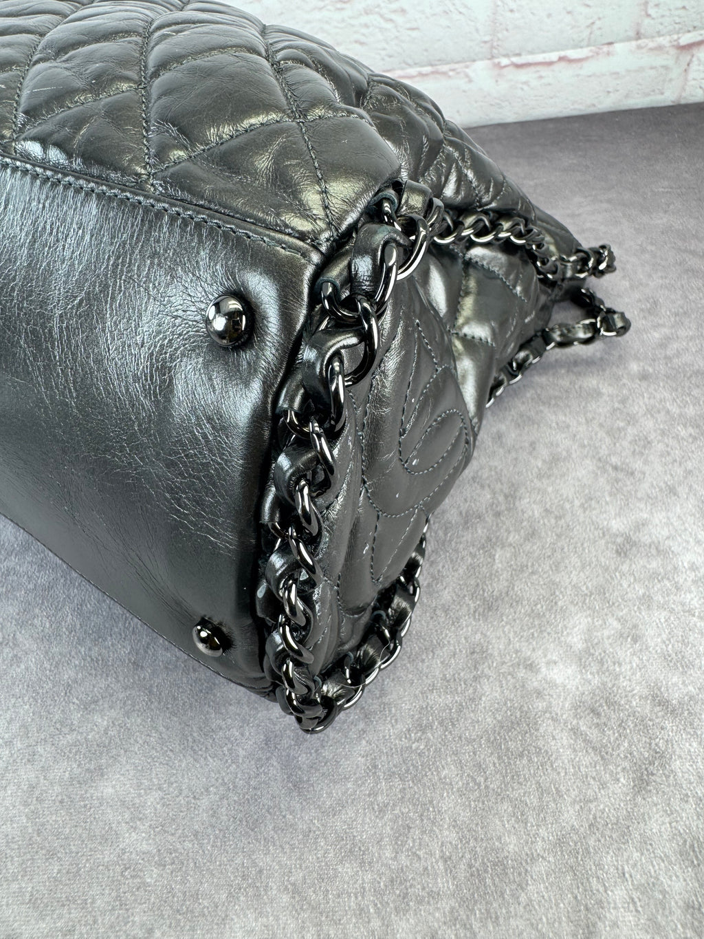 Chanel Gunmetal Leather Chain Me Quilted Bag