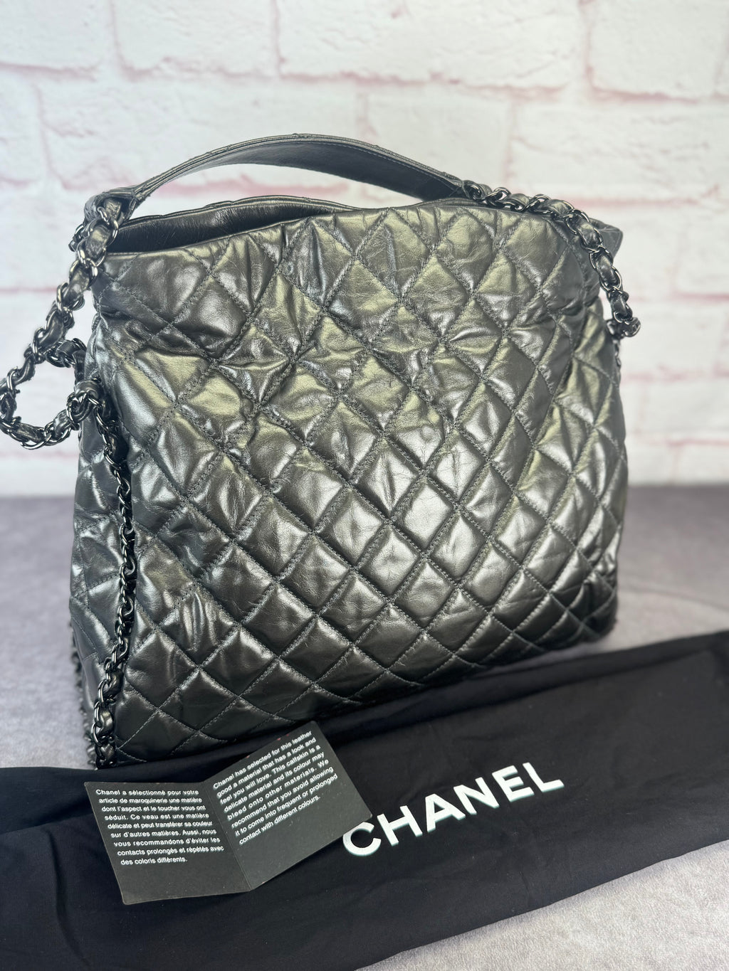 Chanel Gunmetal Leather Chain Me Quilted Bag