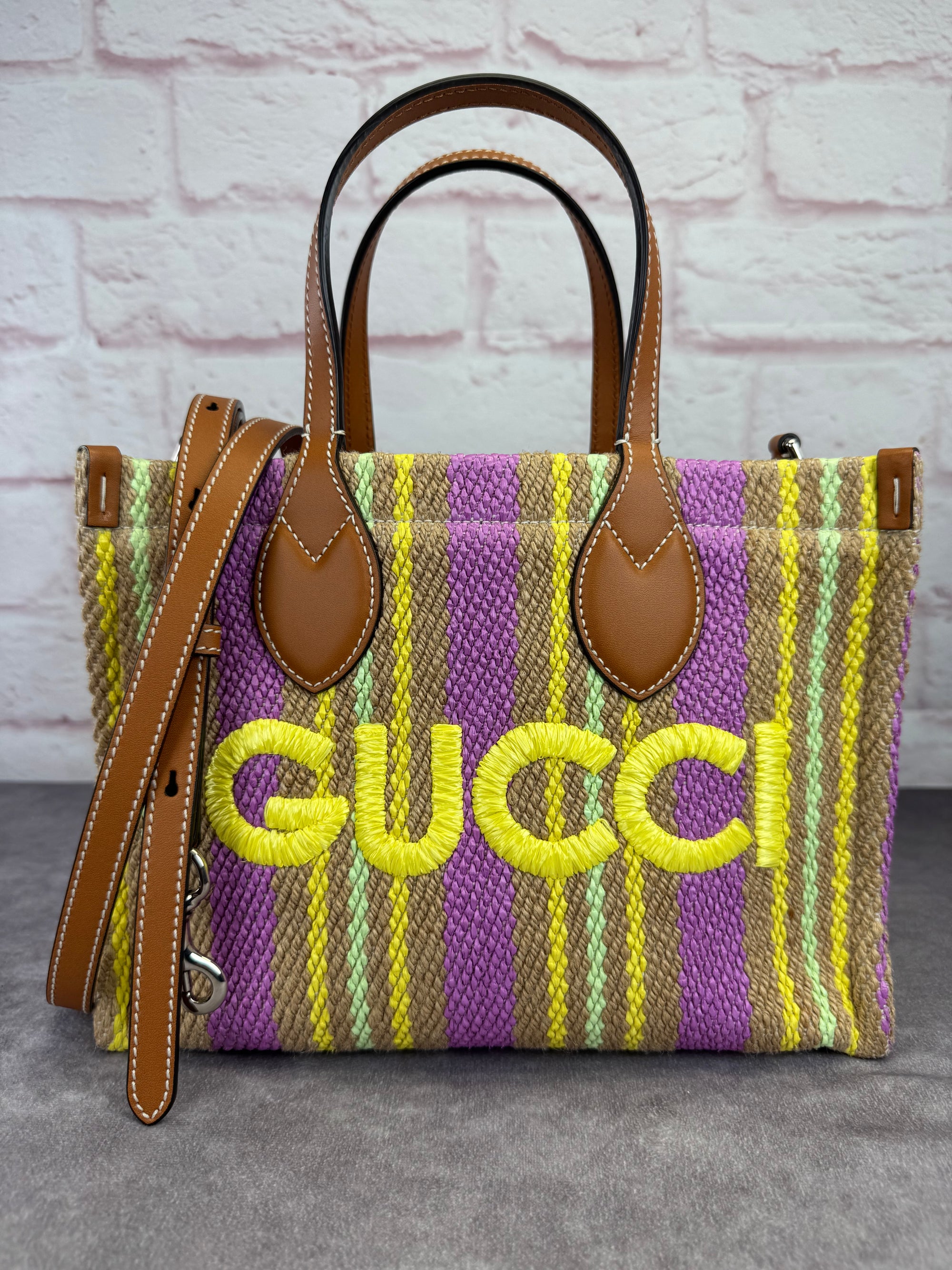 Gucci Jute Stripe Patch 2 Way Tote Bag