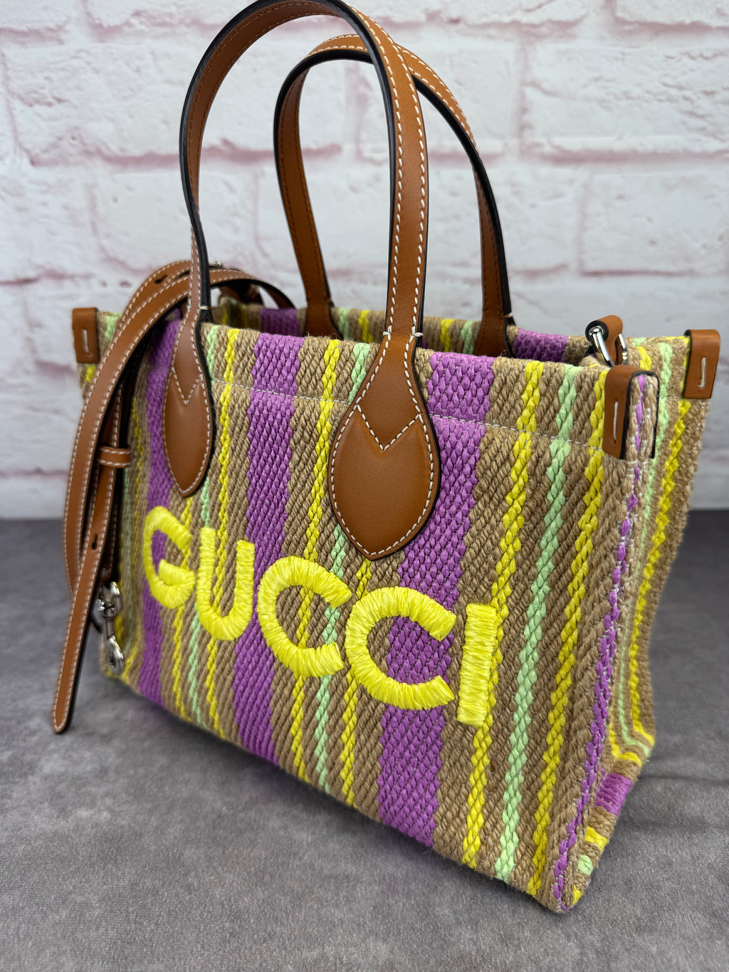 Gucci Jute Stripe Patch 2 Way Tote Bag