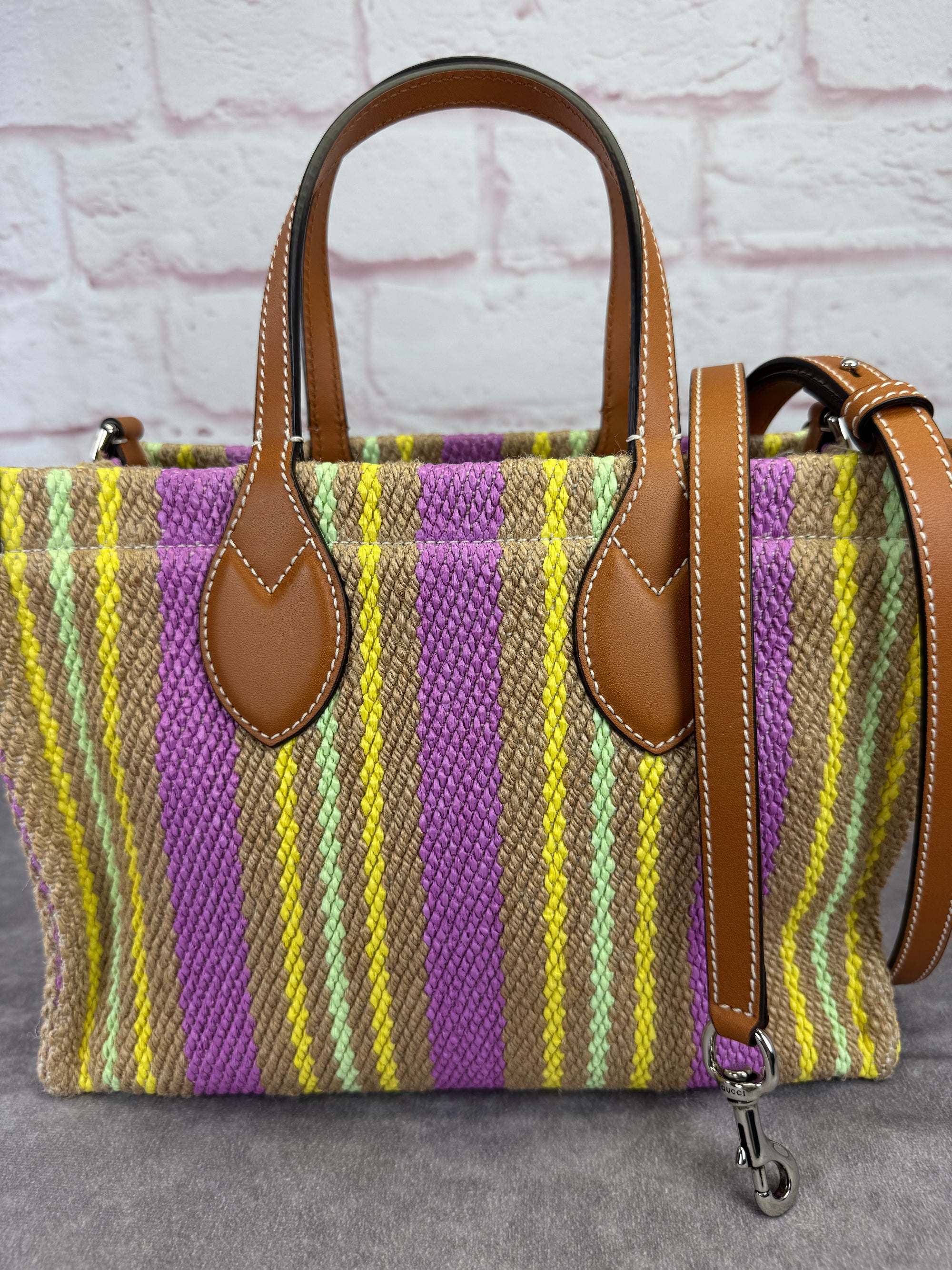 Gucci Jute Stripe Patch 2 Way Tote Bag