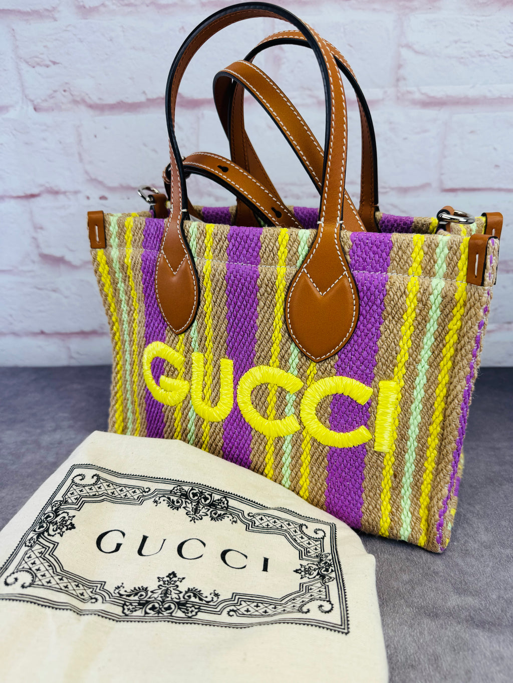 Gucci Jute Stripe Patch 2 Way Tote Bag