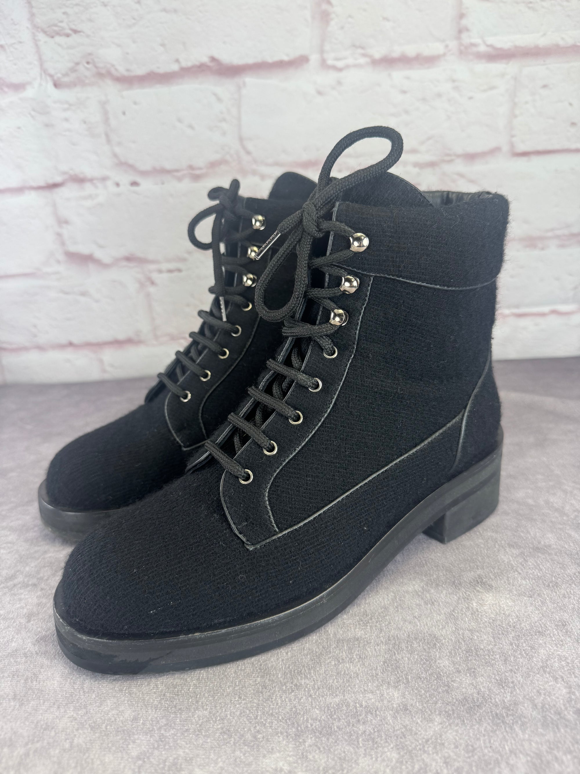 Chanel Wool Lace Up Black Biker Ankle Boots 9