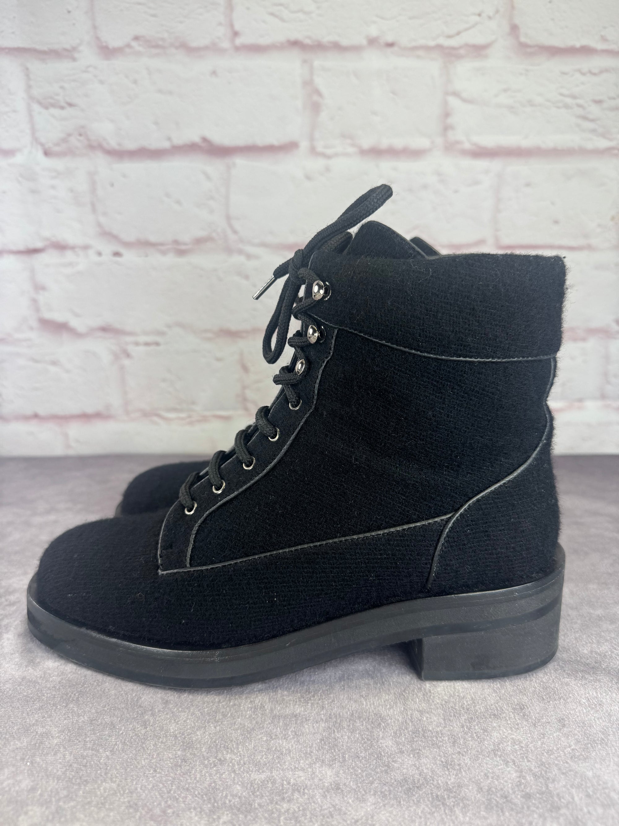 Chanel Wool Lace Up Black Biker Ankle Boots 9