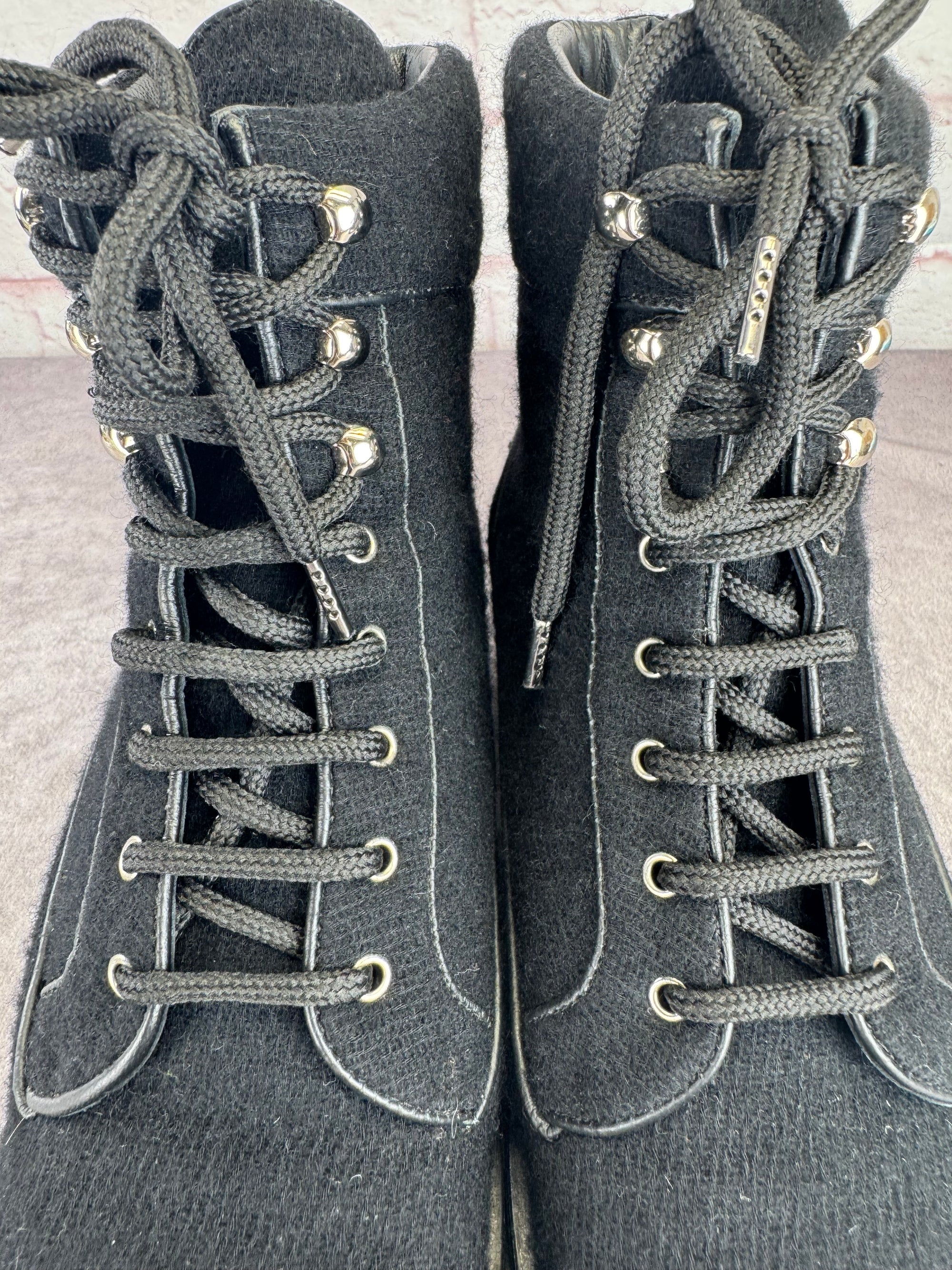 Chanel Wool Lace Up Black Biker Ankle Boots 9