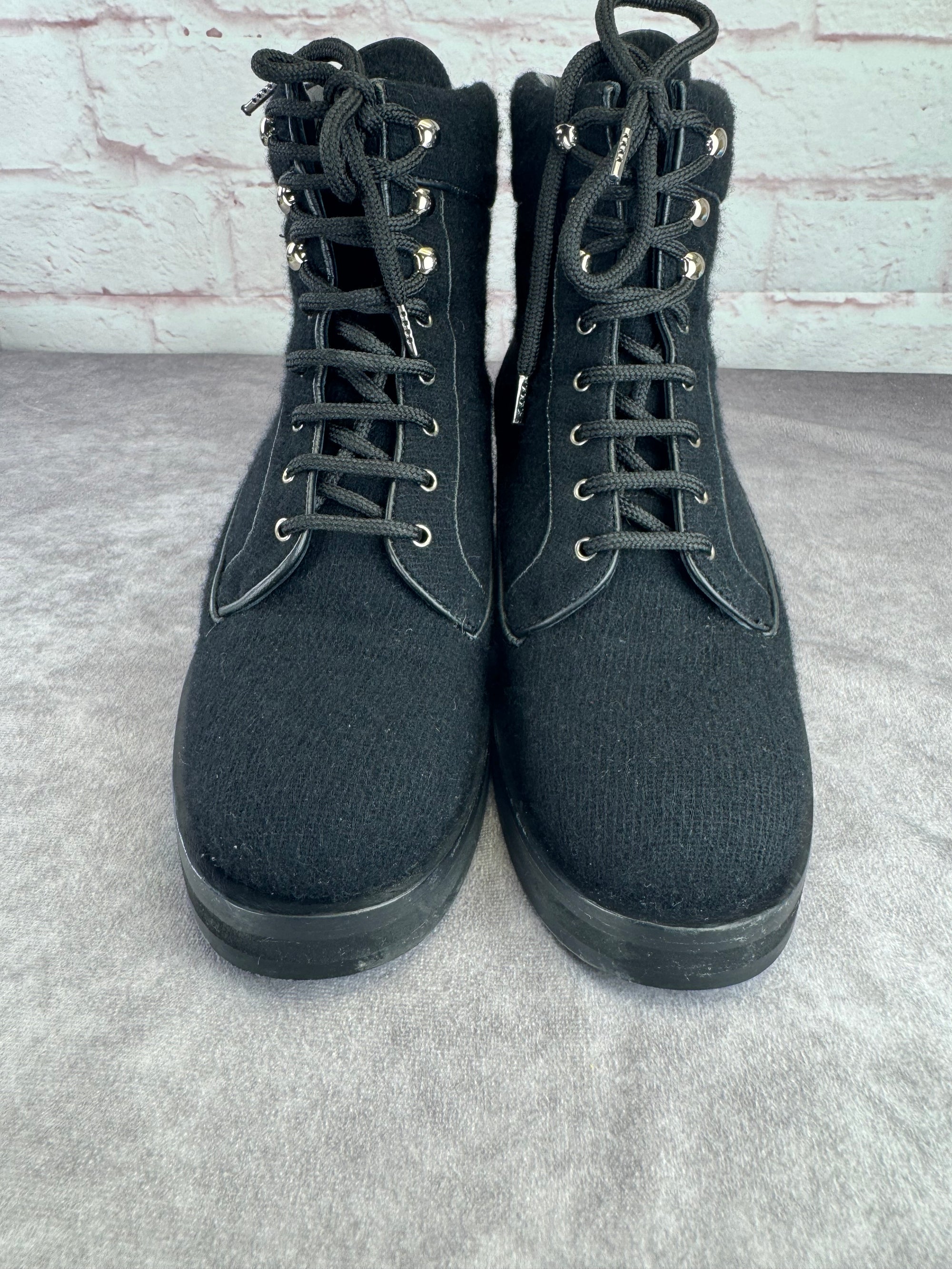 Chanel Wool Lace Up Black Biker Ankle Boots 9