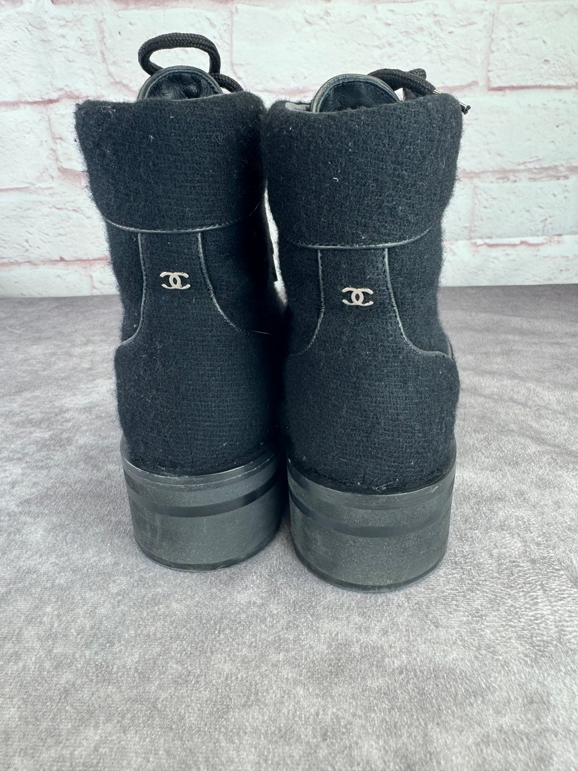 Chanel Wool Lace Up Black Biker Ankle Boots 9