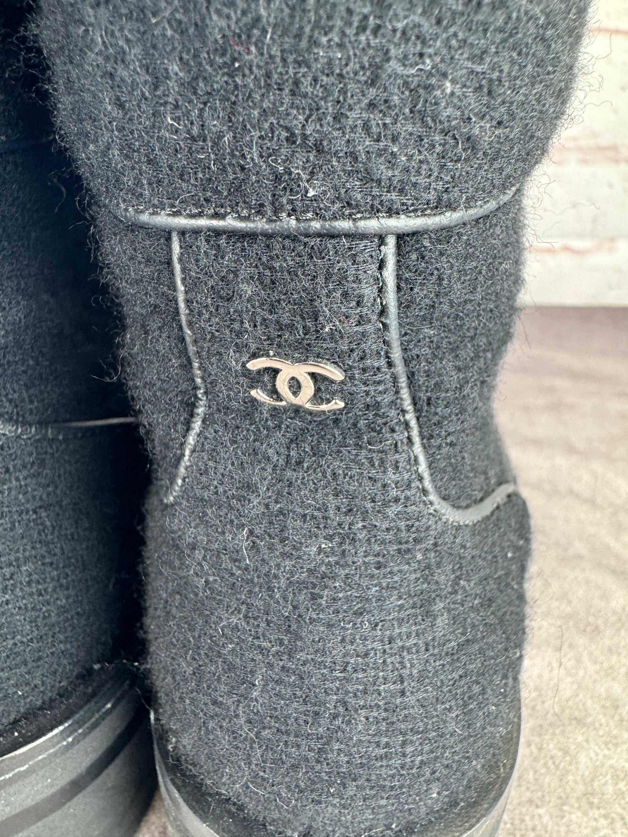 Chanel Wool Lace Up Black Biker Ankle Boots 9