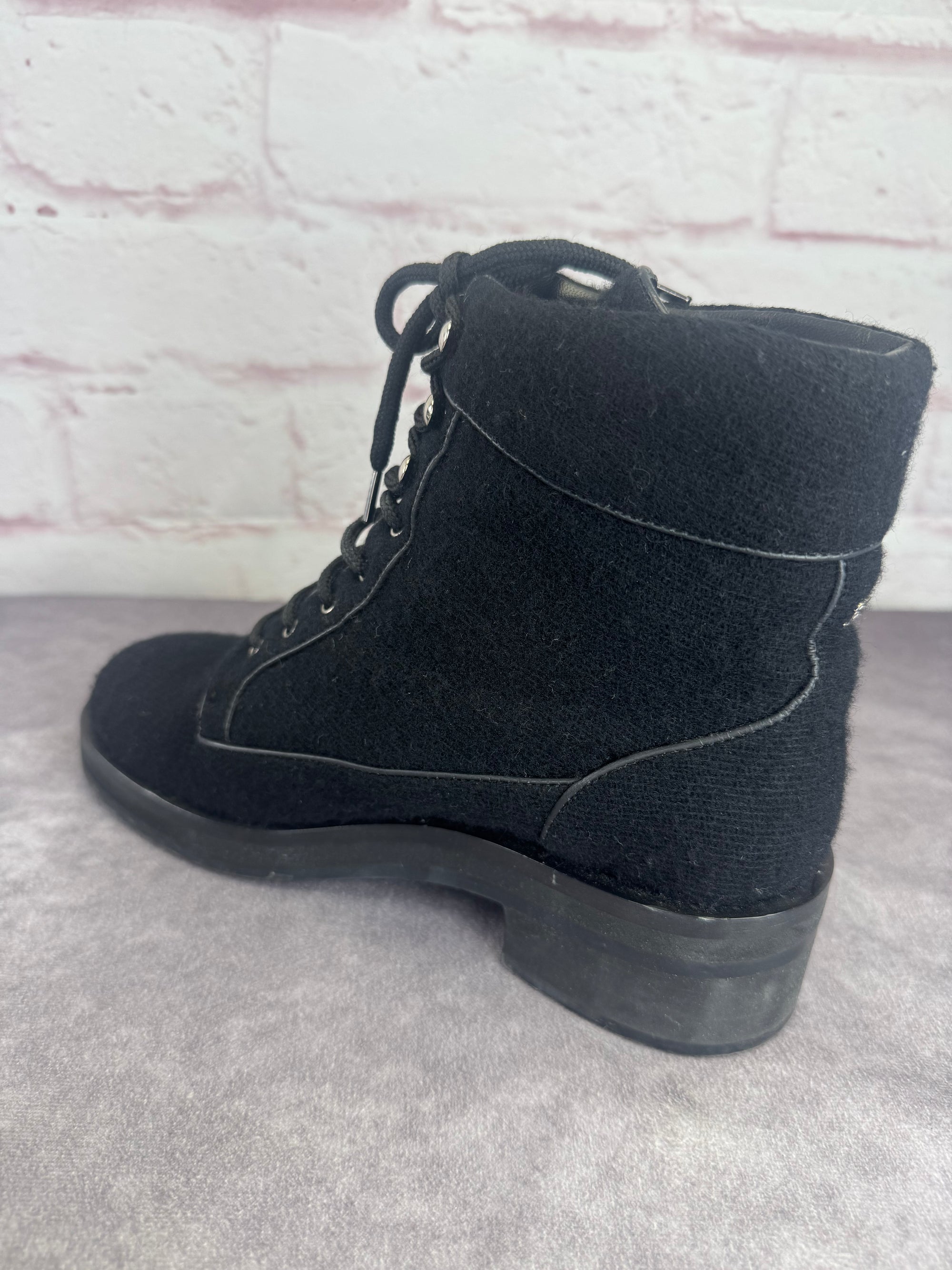 Chanel Wool Lace Up Black Biker Ankle Boots 9