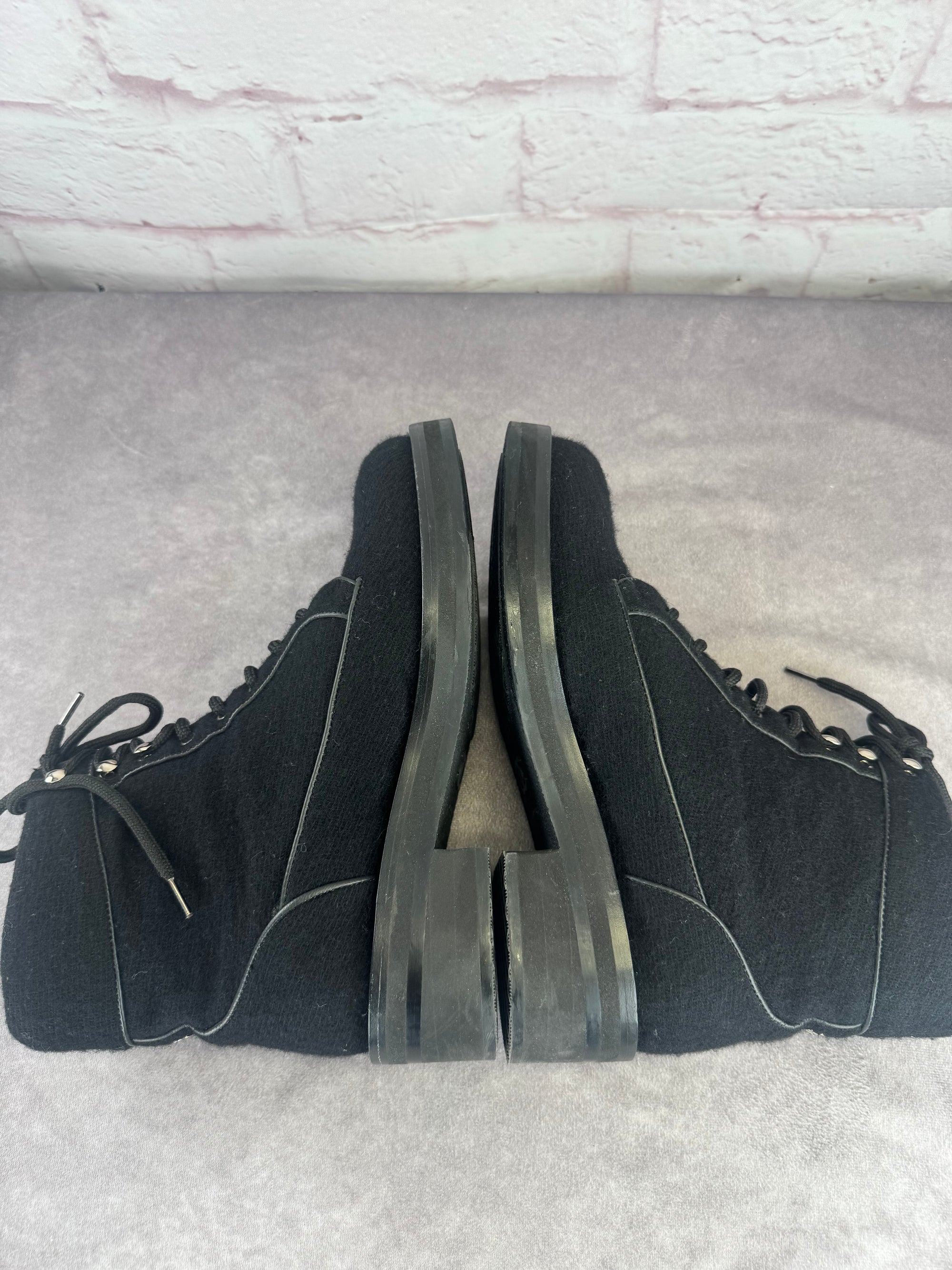 Chanel Wool Lace Up Black Biker Ankle Boots 9