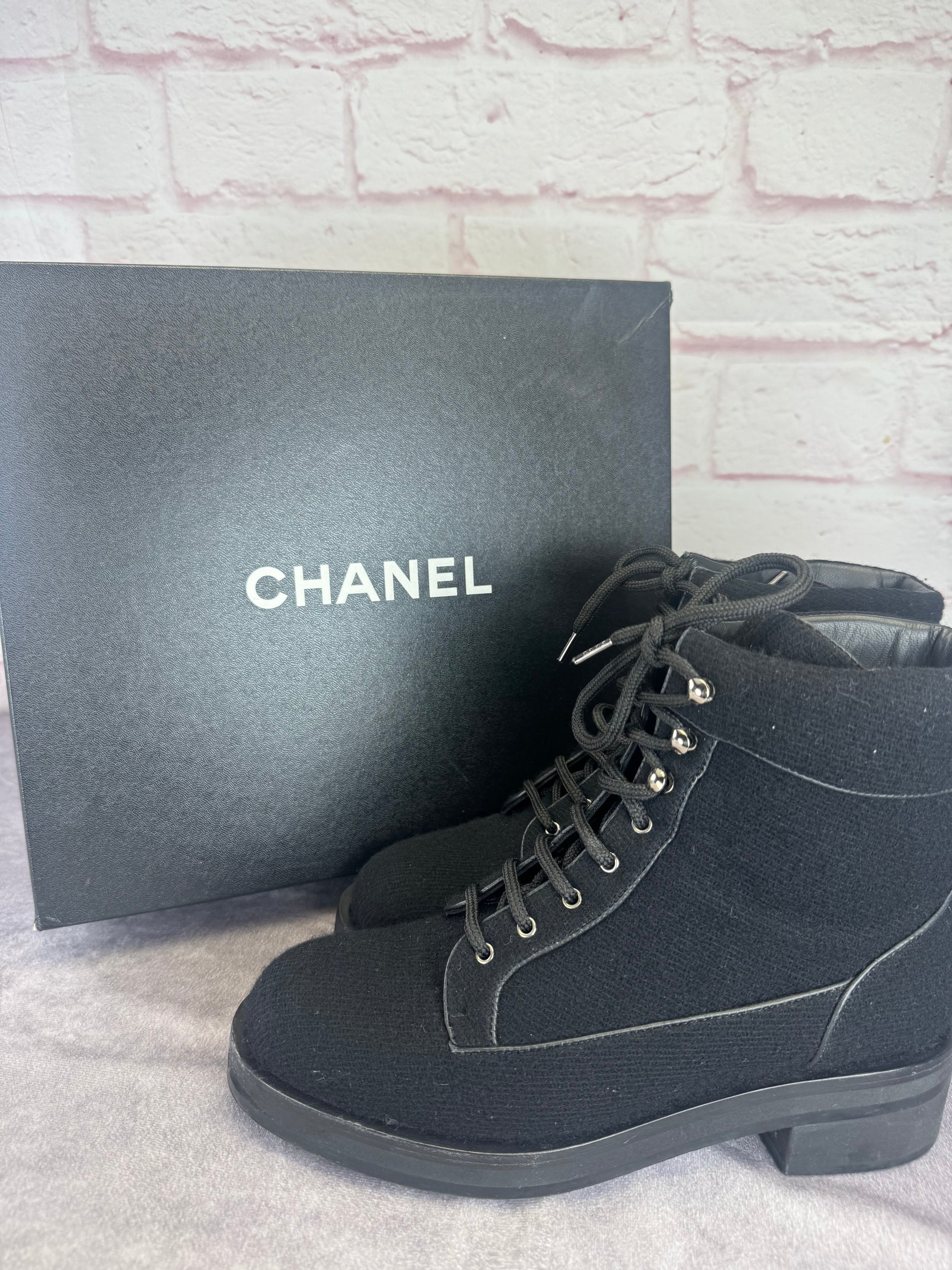 Chanel Wool Lace Up Black Biker Ankle Boots 9