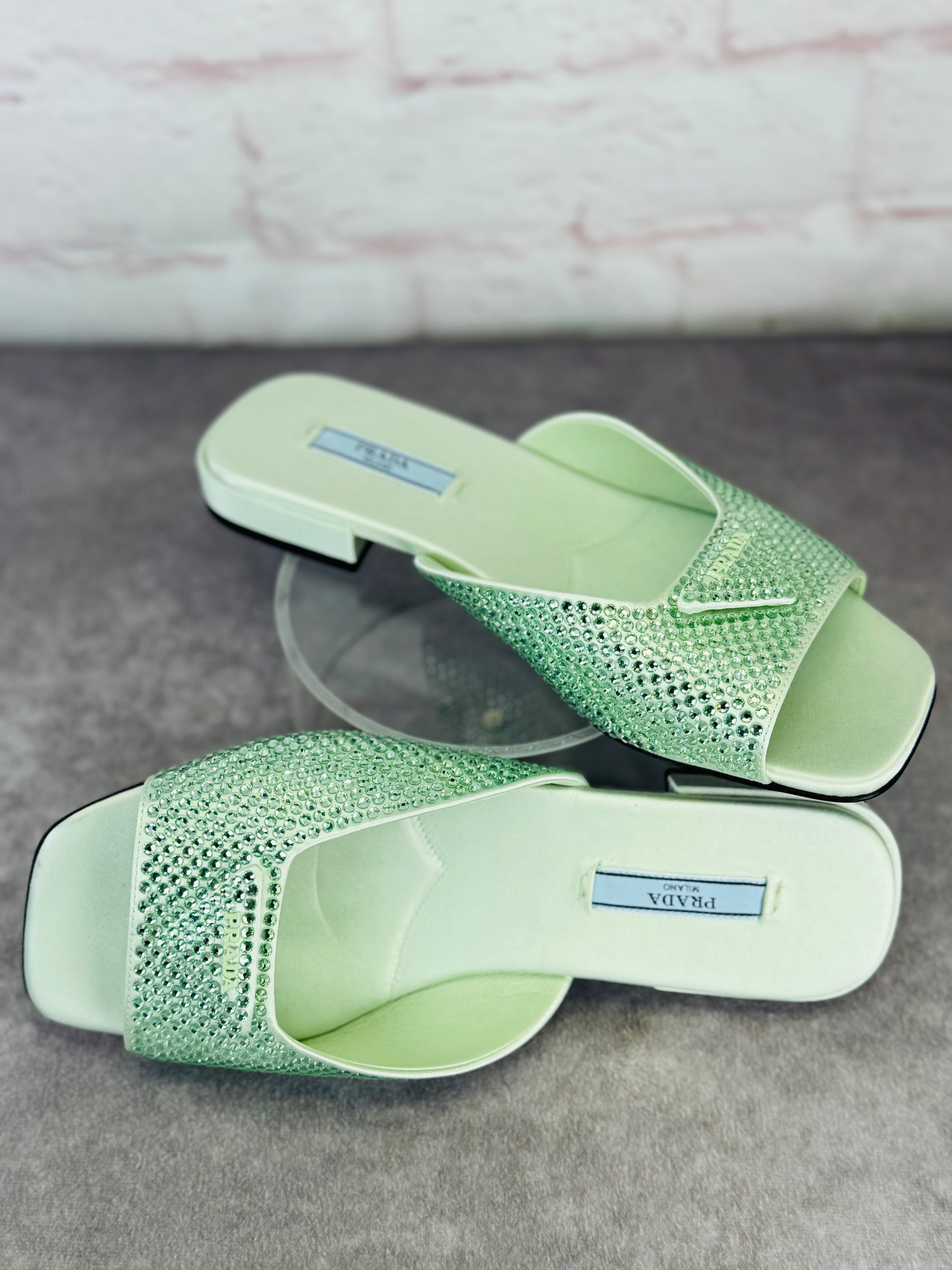 Prada Satin Crystal Embellished Green Slide Mules Sandals
