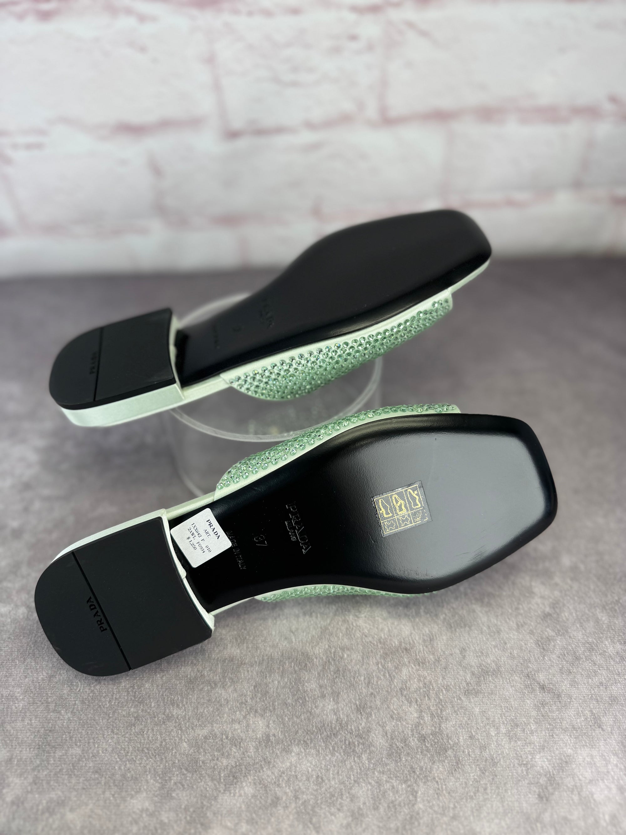 Prada Satin Crystal Embellished Green Slide Mules Sandals