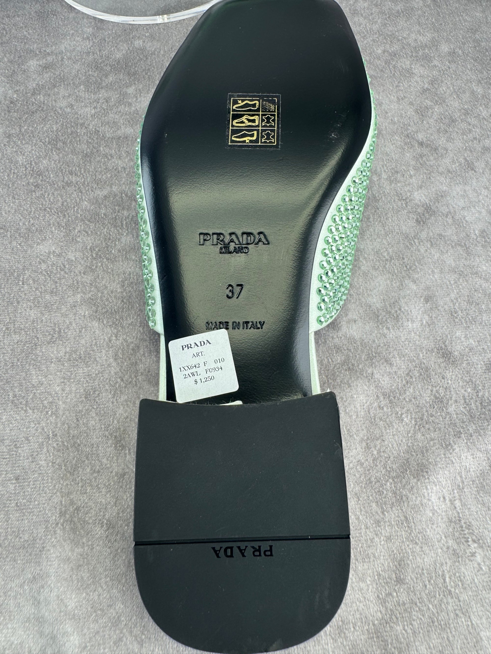 Prada Satin Crystal Embellished Green Slide Mules Sandals