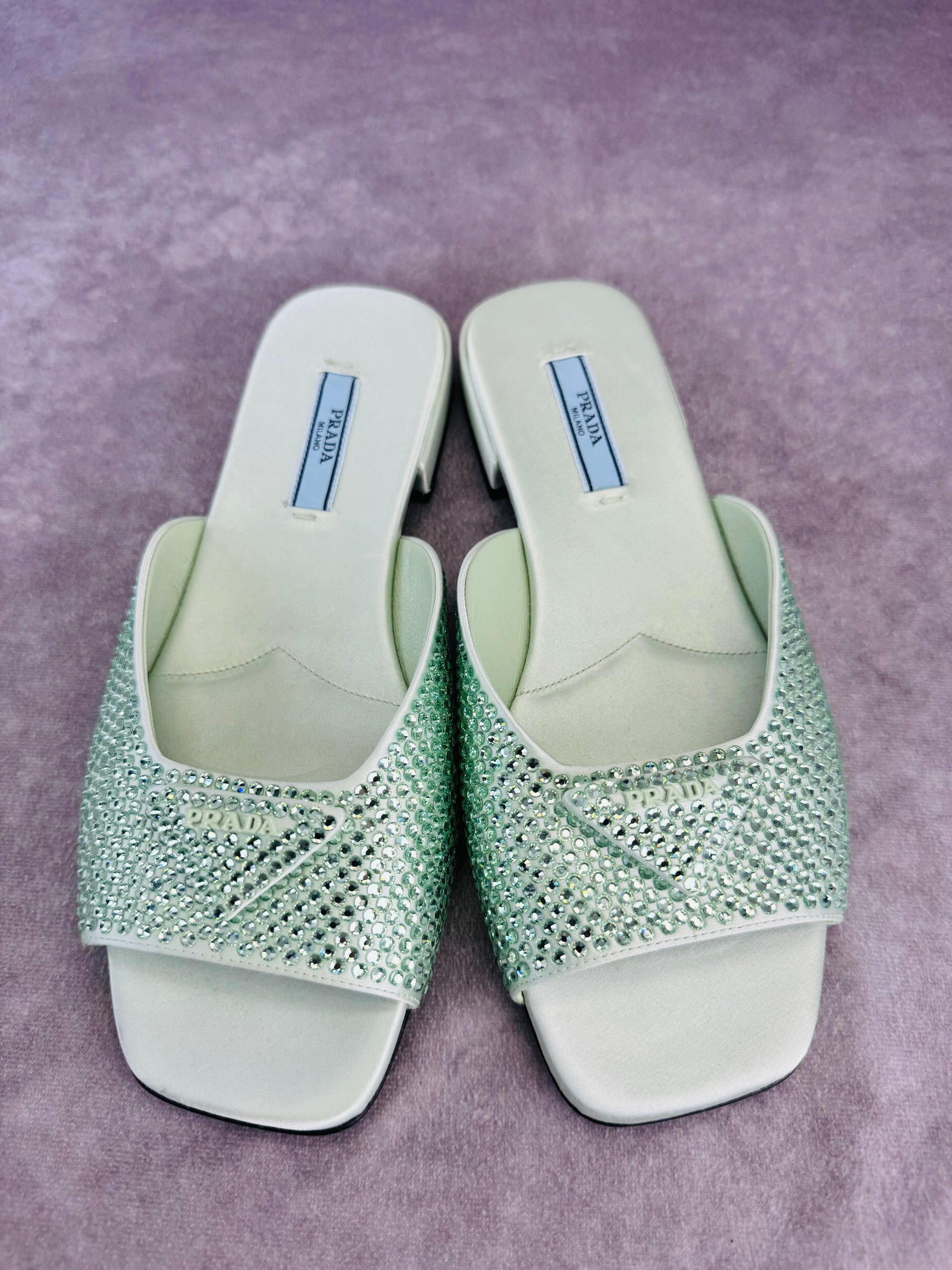 Prada Satin Crystal Embellished Green Slide Mules Sandals