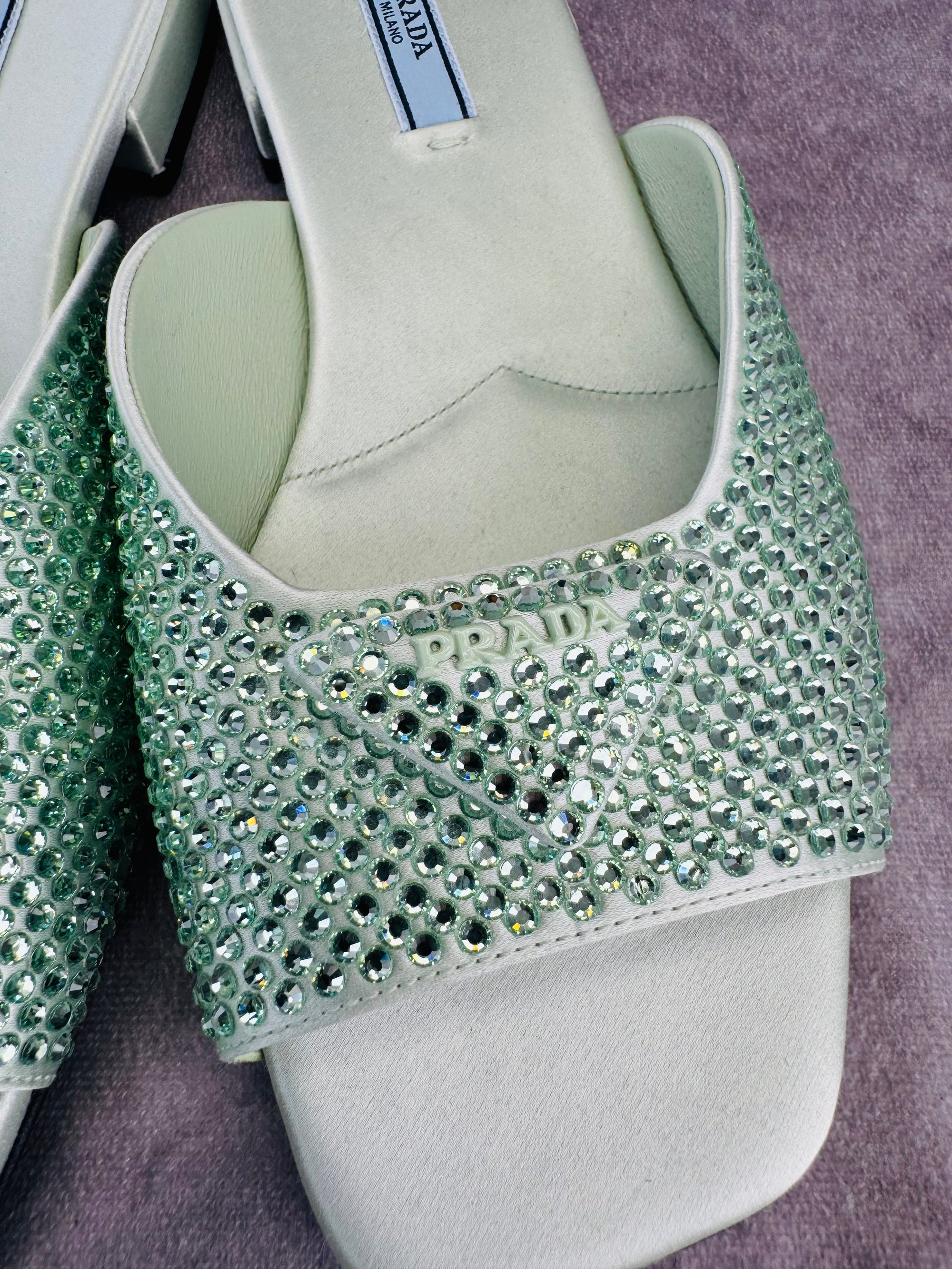 Prada Satin Crystal Embellished Green Slide Mules Sandals