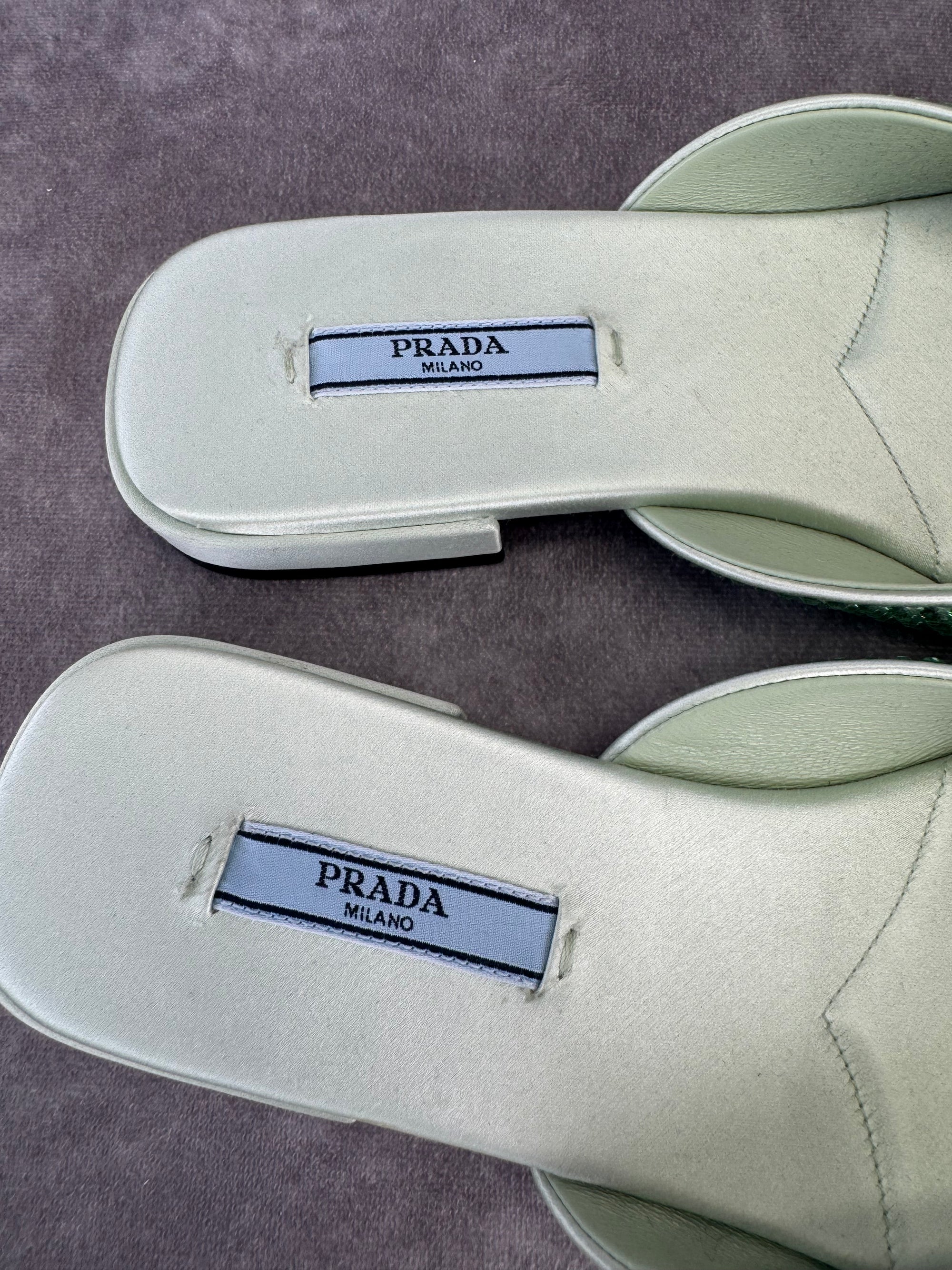 Prada Satin Crystal Embellished Green Slide Mules Sandals