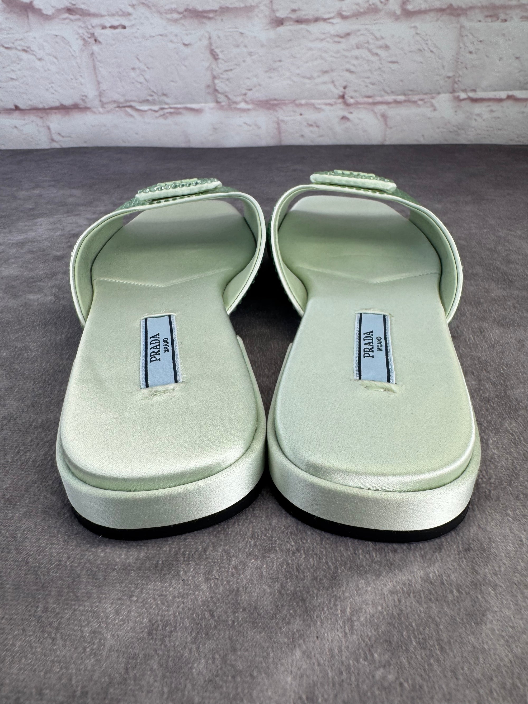 Prada Satin Crystal Embellished Green Slide Mules Sandals