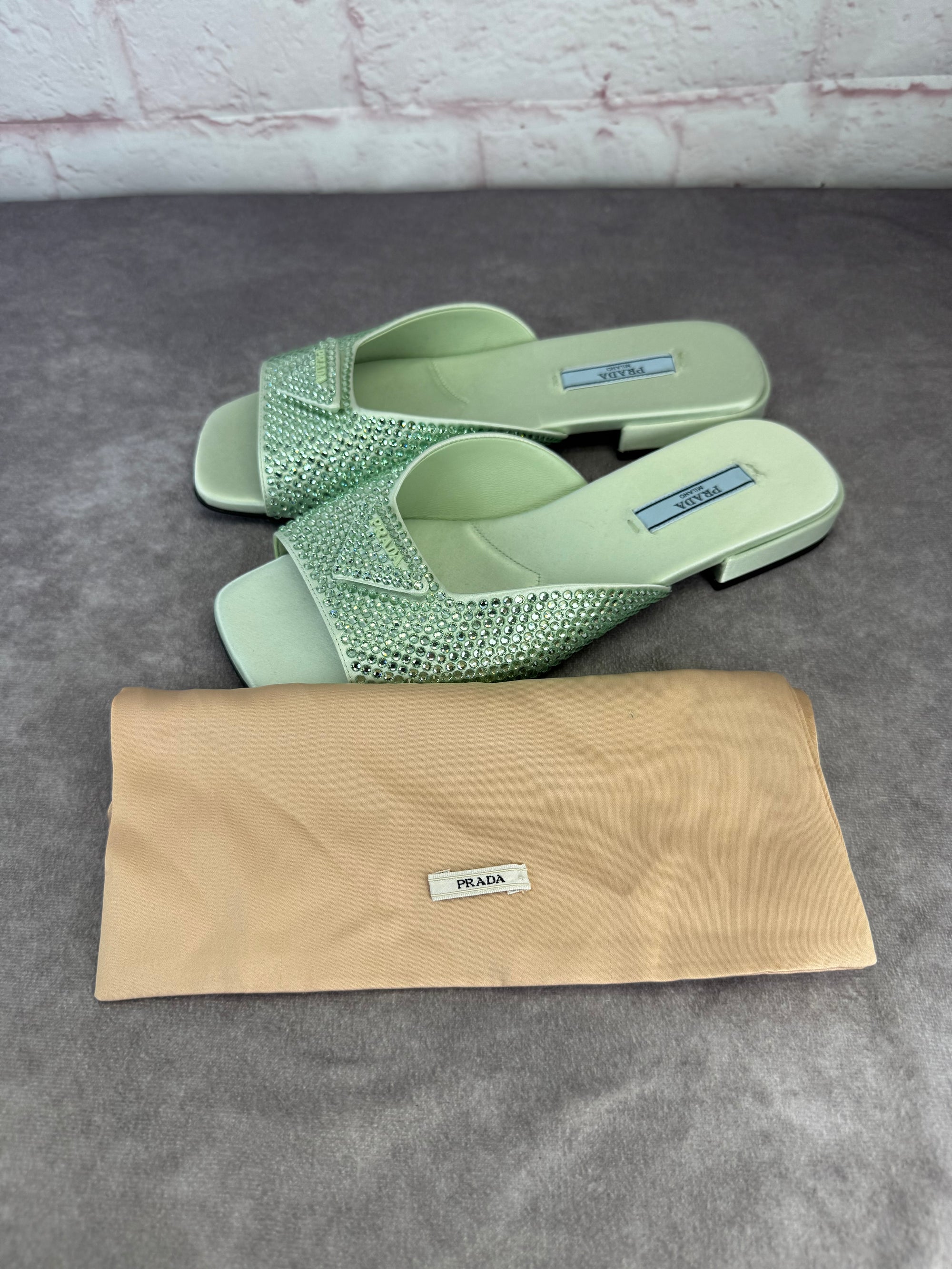 Prada Satin Crystal Embellished Green Slide Mules Sandals