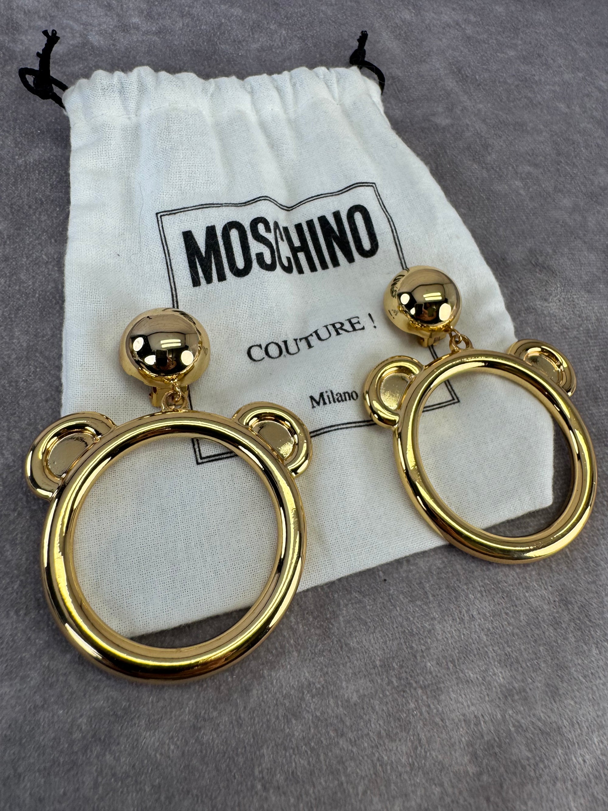Moschino x Jeremy Scott Large Gold Plated Teddy Bear Clip On Hoop Earrings