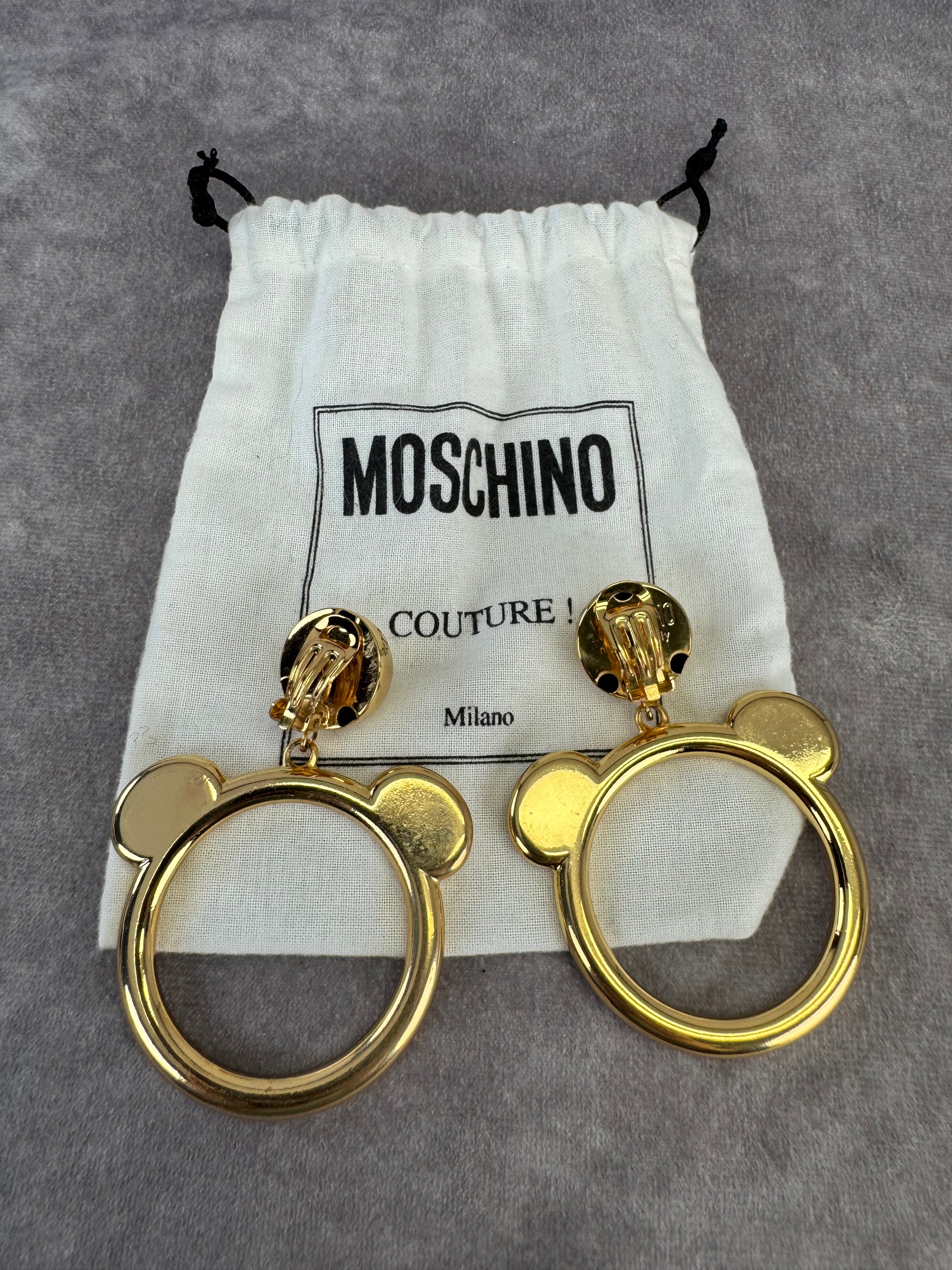 Moschino x Jeremy Scott Large Gold Plated Teddy Bear Clip On Hoop Earrings