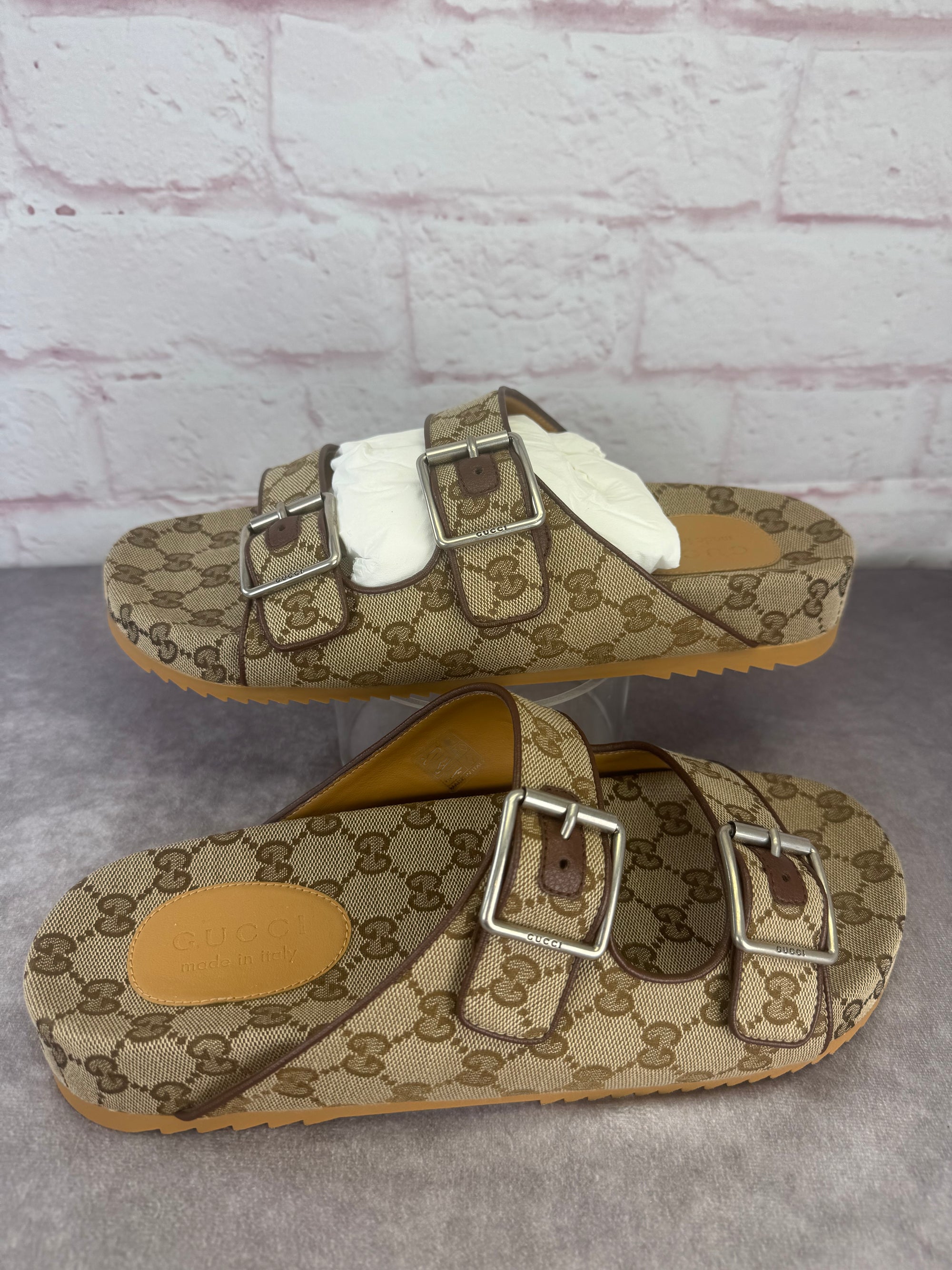 GUCCI GG Monogram Lavaredo Eco Fabric Mens Slide Sandals Straps 11 Beige Brown