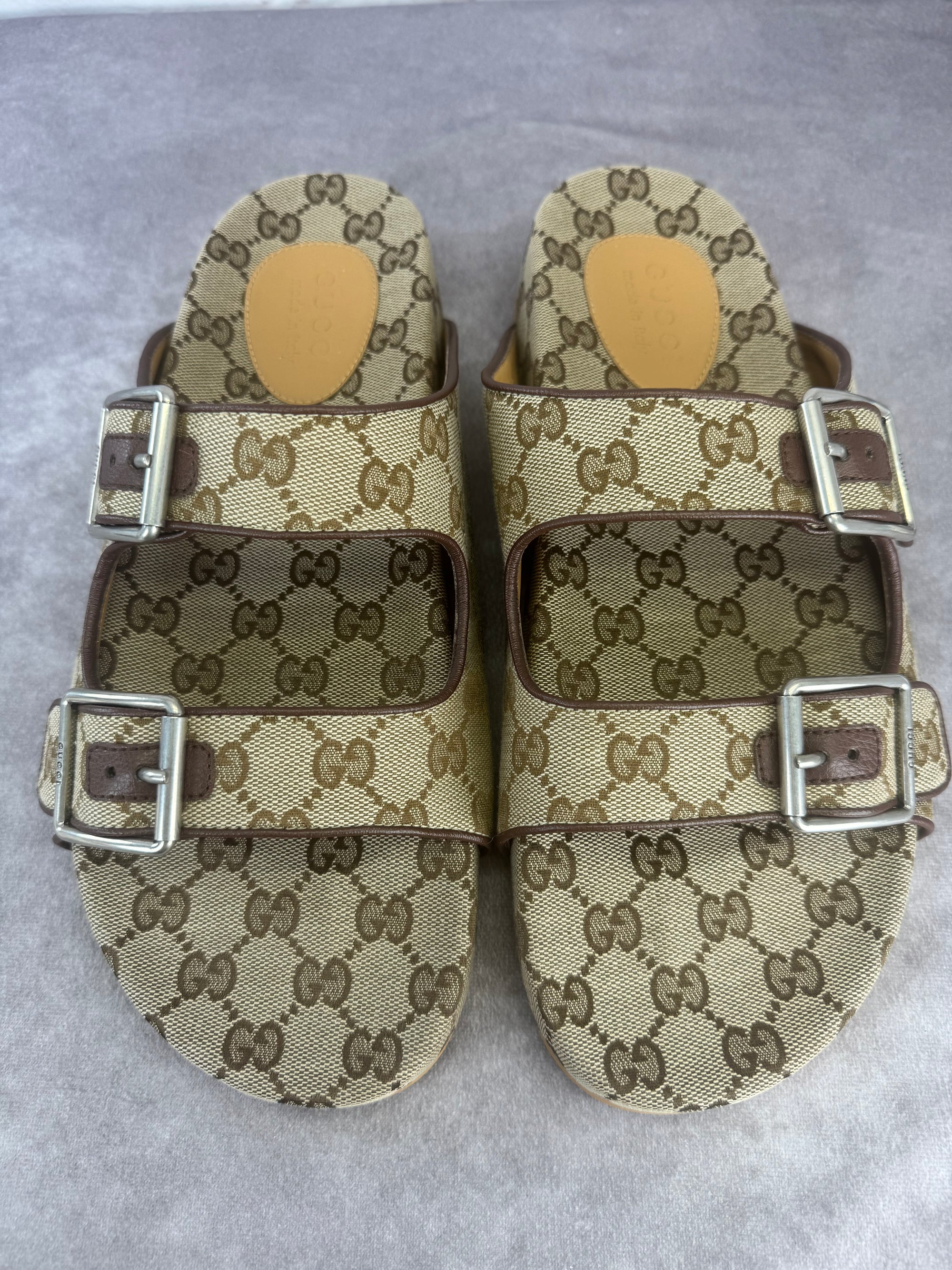 GUCCI GG Monogram Lavaredo Eco Fabric Mens Slide Sandals Straps 11 Beige Brown