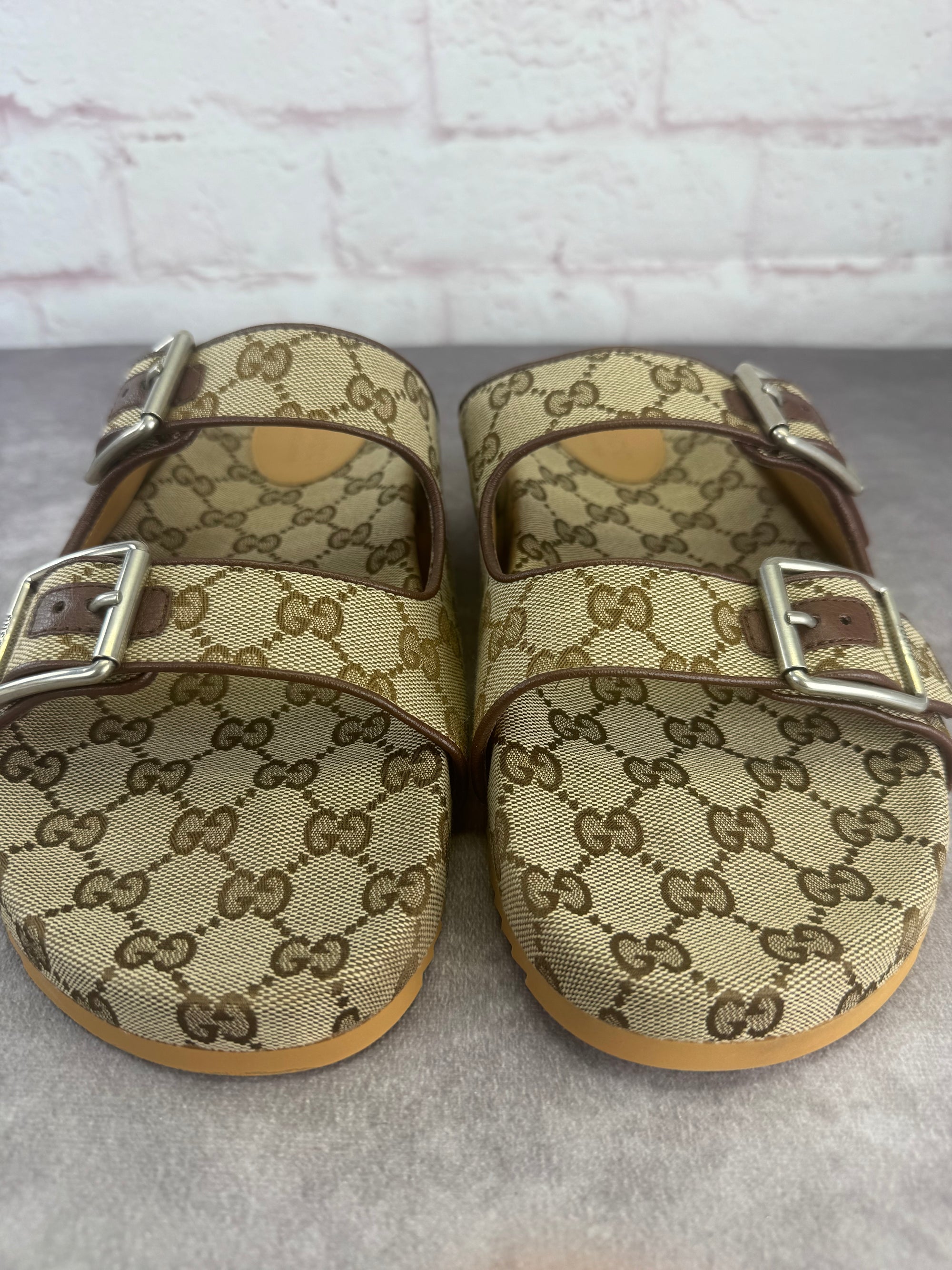GUCCI GG Monogram Lavaredo Eco Fabric Mens Slide Sandals Straps 11 Beige Brown