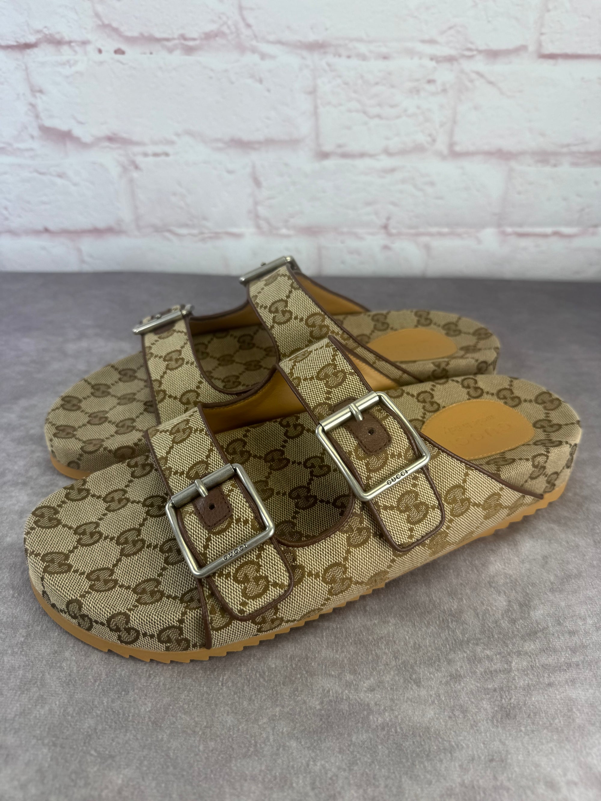GUCCI GG Monogram Lavaredo Eco Fabric Mens Slide Sandals Straps 11 Beige Brown