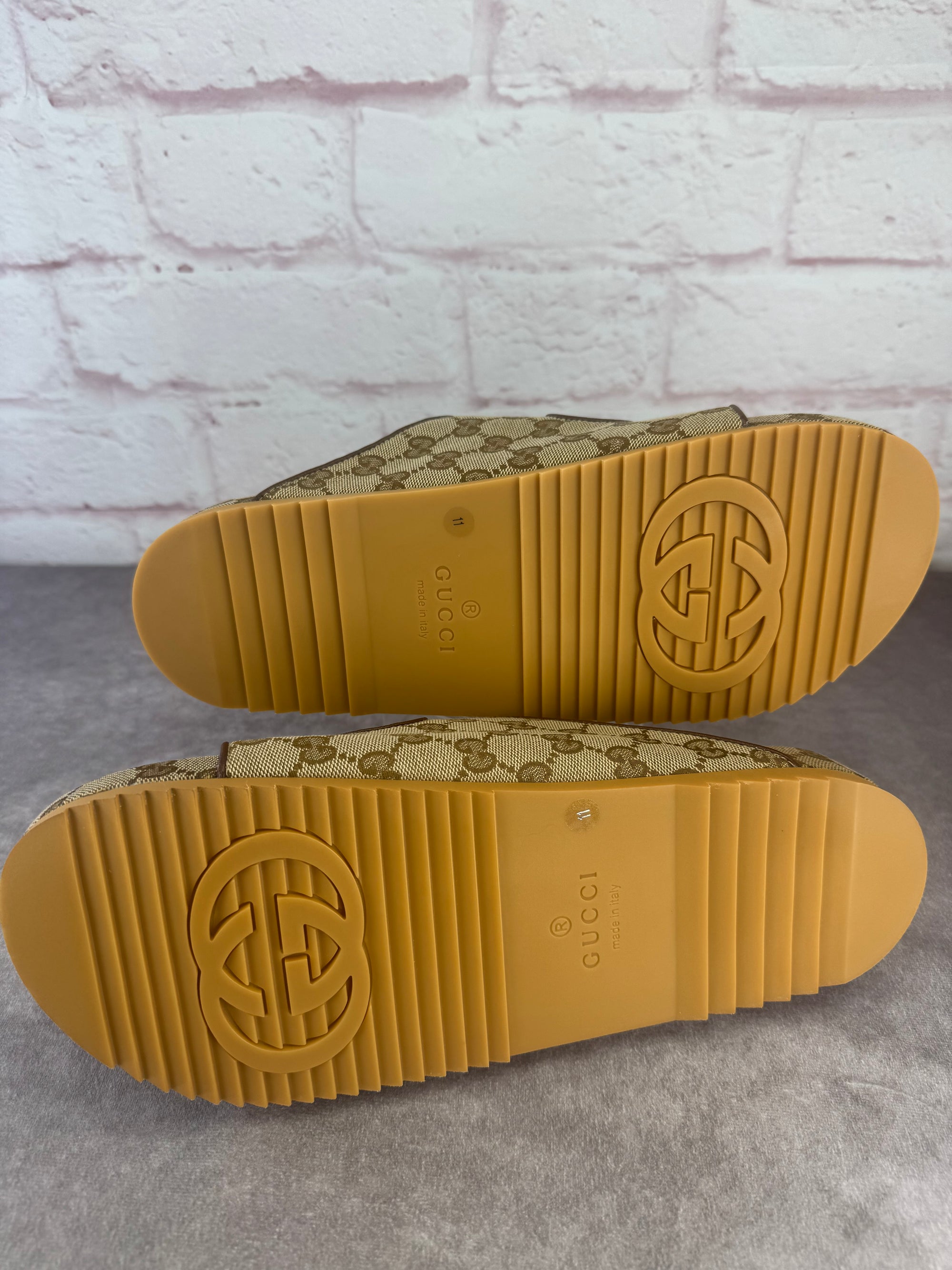 GUCCI GG Monogram Lavaredo Eco Fabric Mens Slide Sandals Straps 11 Beige Brown