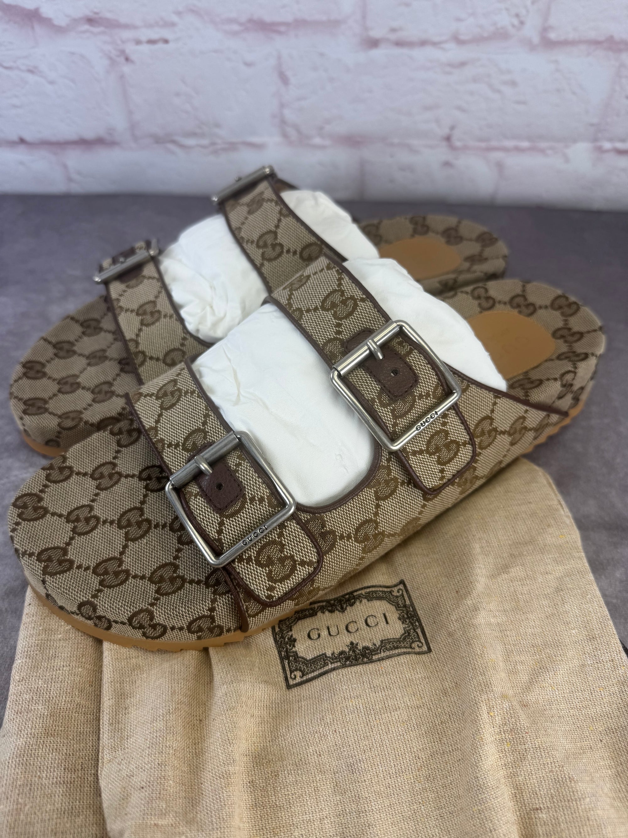 GUCCI GG Monogram Lavaredo Eco Fabric Mens Slide Sandals Straps 11 Beige Brown