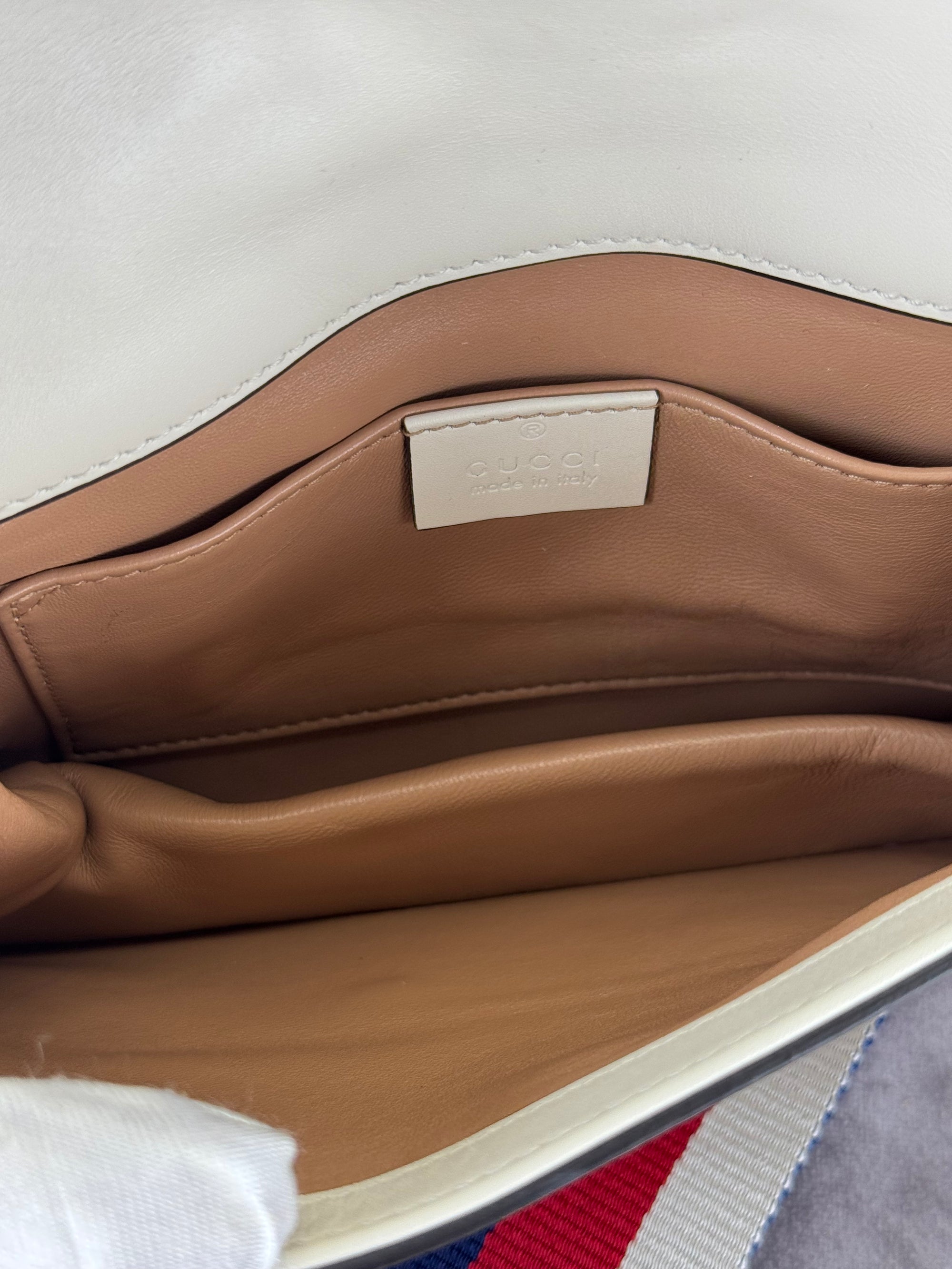 Gucci Queen Margaret Pearl Web Nappa Leather Flap Broadway Bag