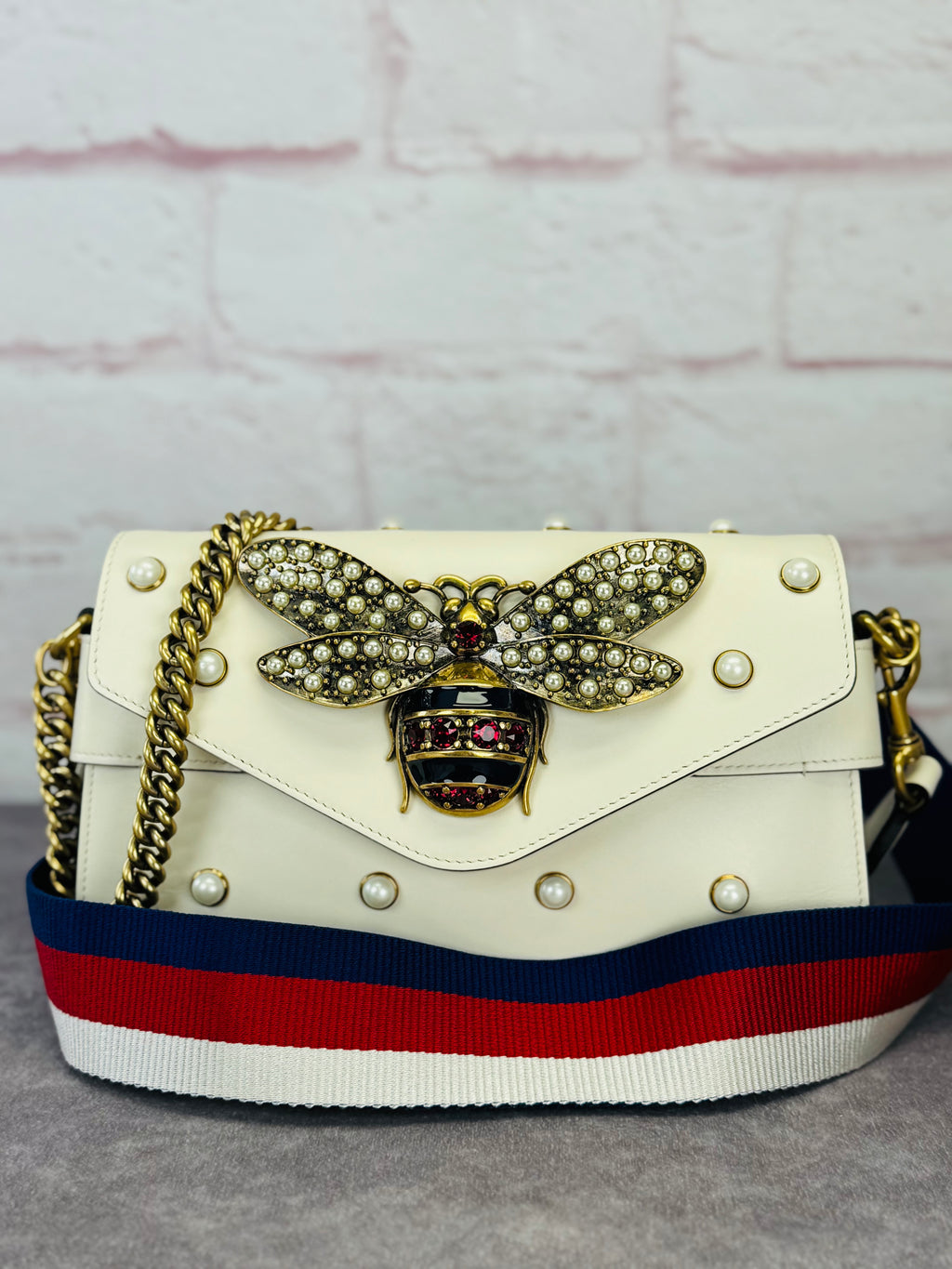 Gucci Queen Margaret Pearl Web Nappa Leather Flap Broadway Bag
