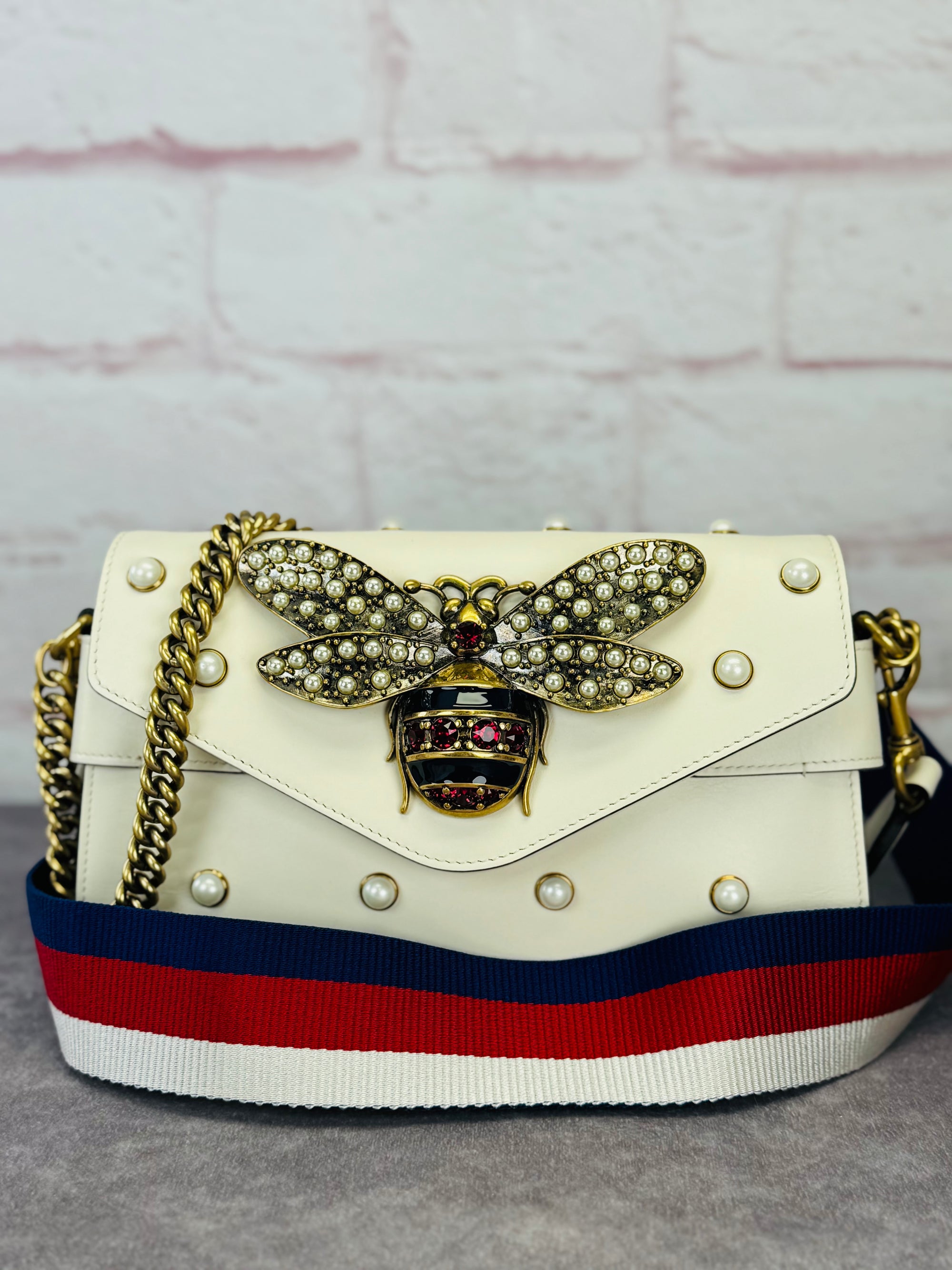 Gucci Queen Margaret Pearl Web Nappa Leather Flap Broadway Bag