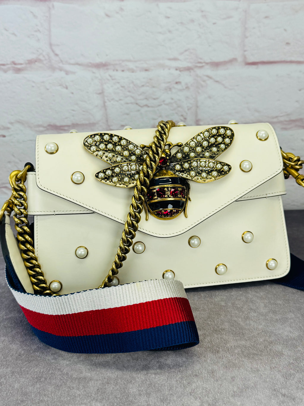 Gucci Queen Margaret Pearl Web Nappa Leather Flap Broadway Bag