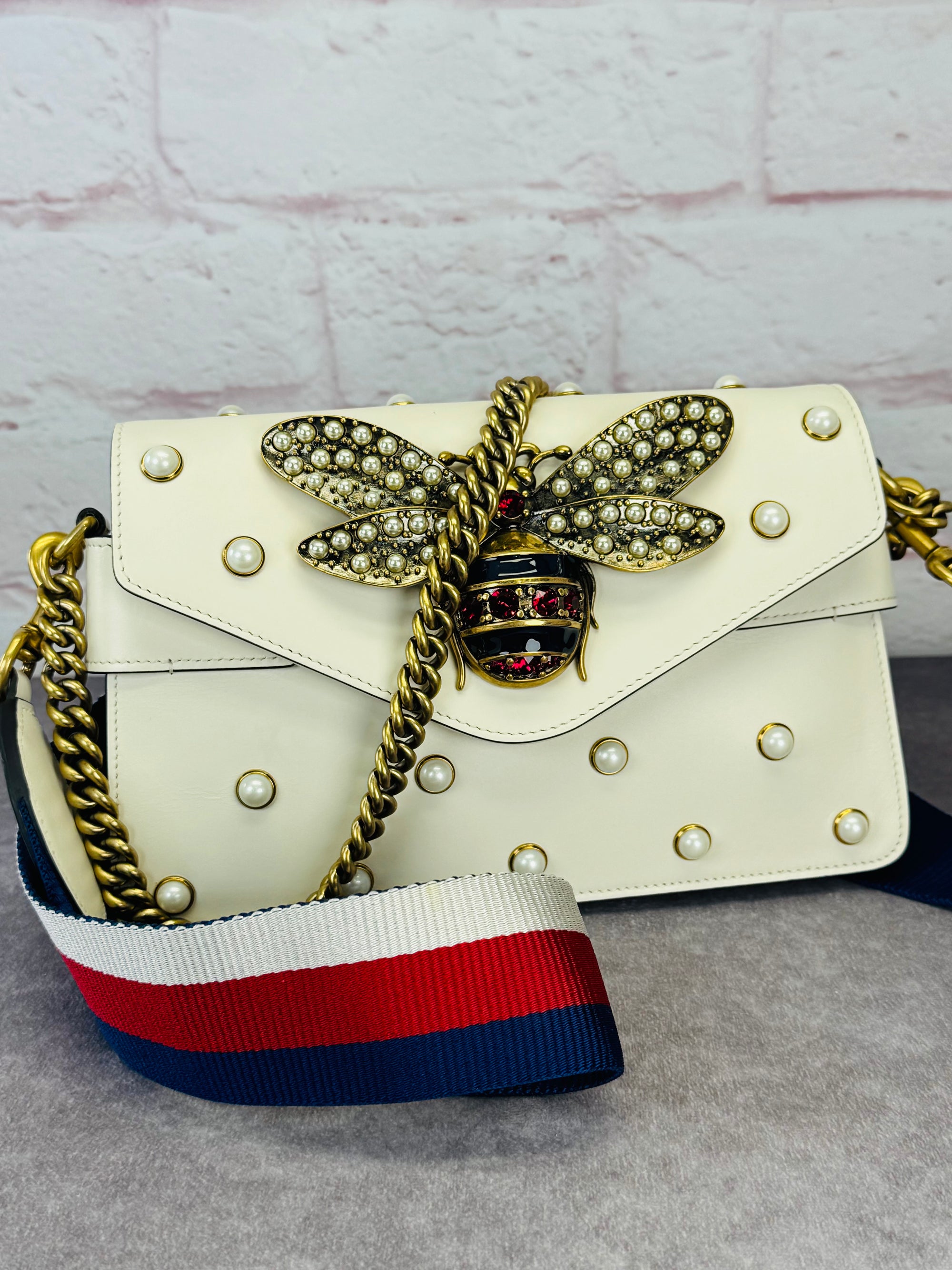 Gucci Queen Margaret Pearl Web Nappa Leather Flap Broadway Bag