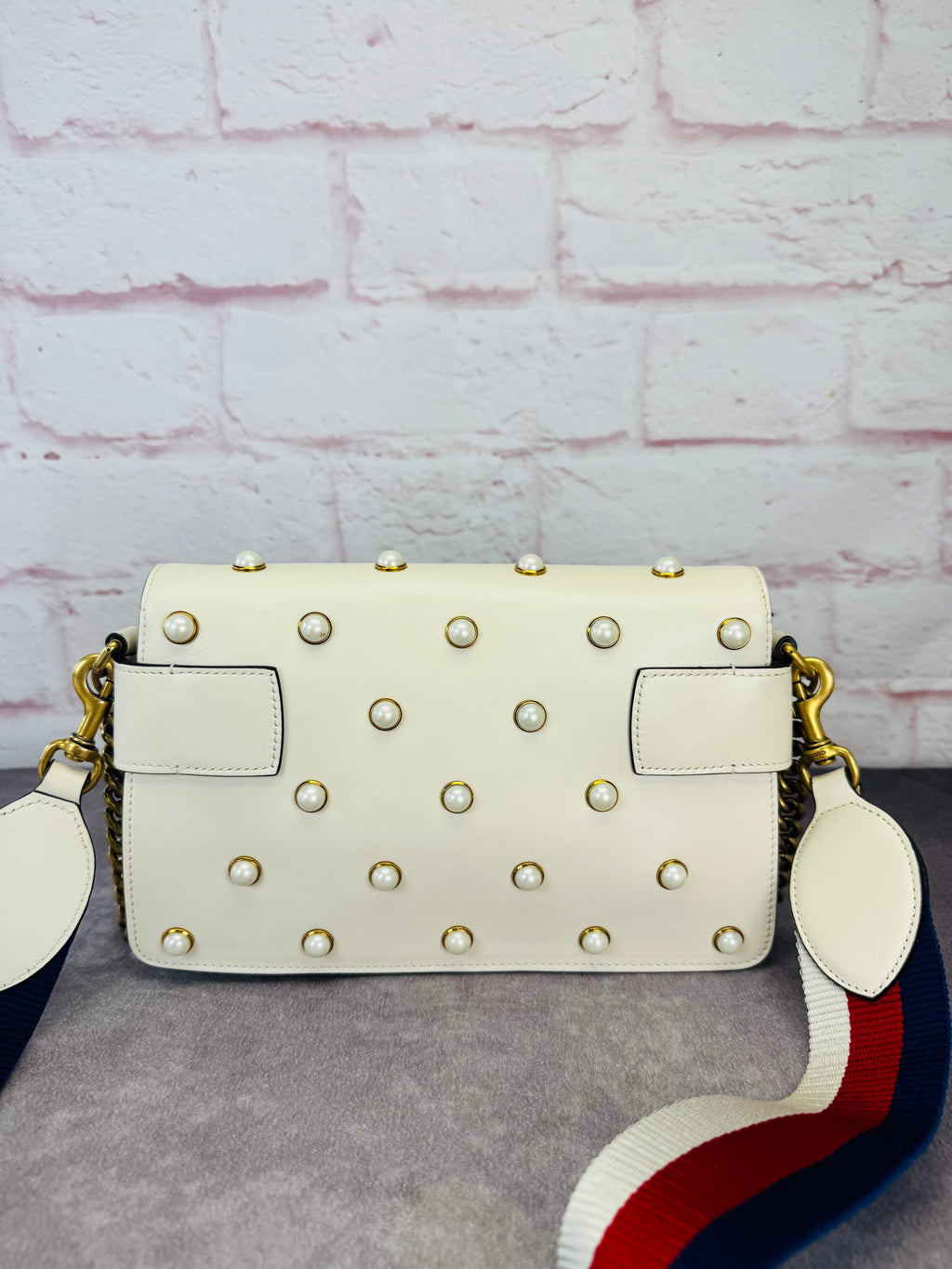 Gucci Queen Margaret Pearl Web Nappa Leather Flap Broadway Bag