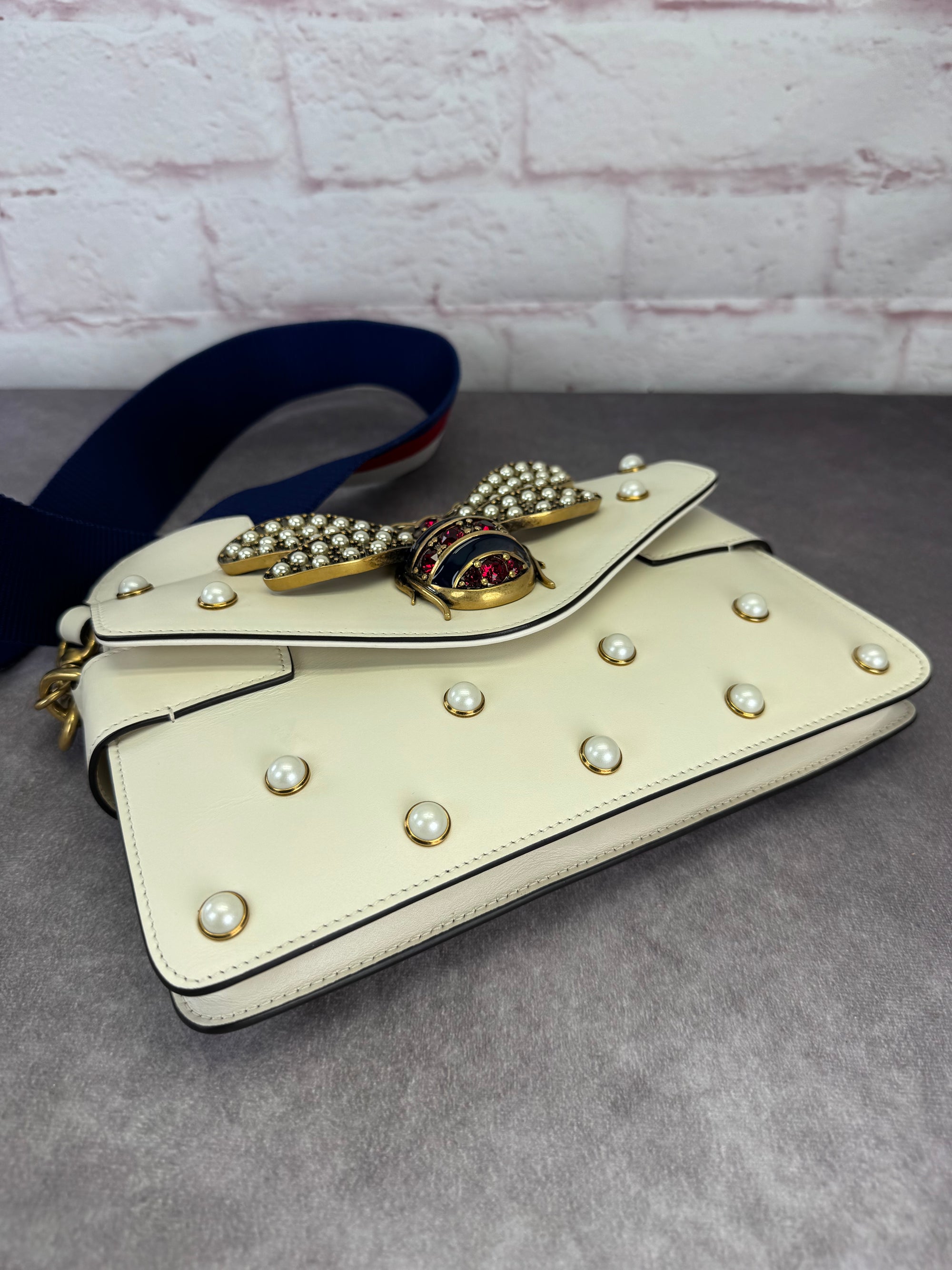 Gucci Queen Margaret Pearl Web Nappa Leather Flap Broadway Bag