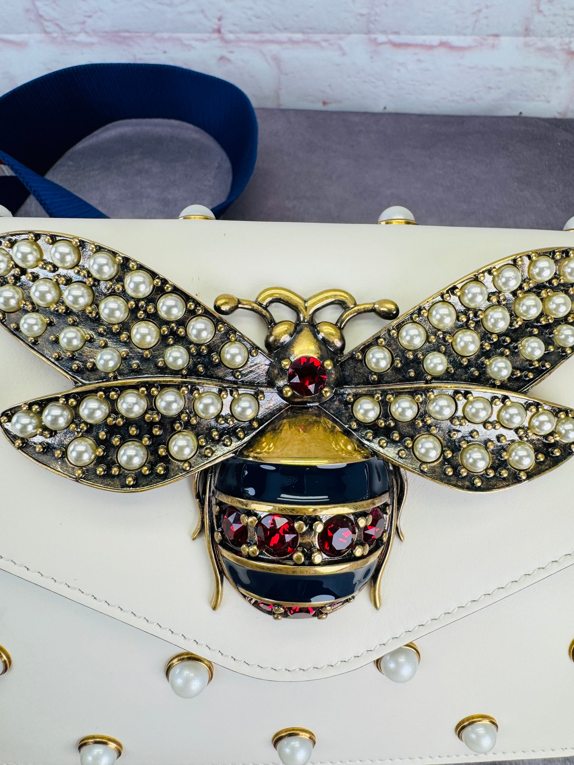 Gucci Queen Margaret Pearl Web Nappa Leather Flap Broadway Bag