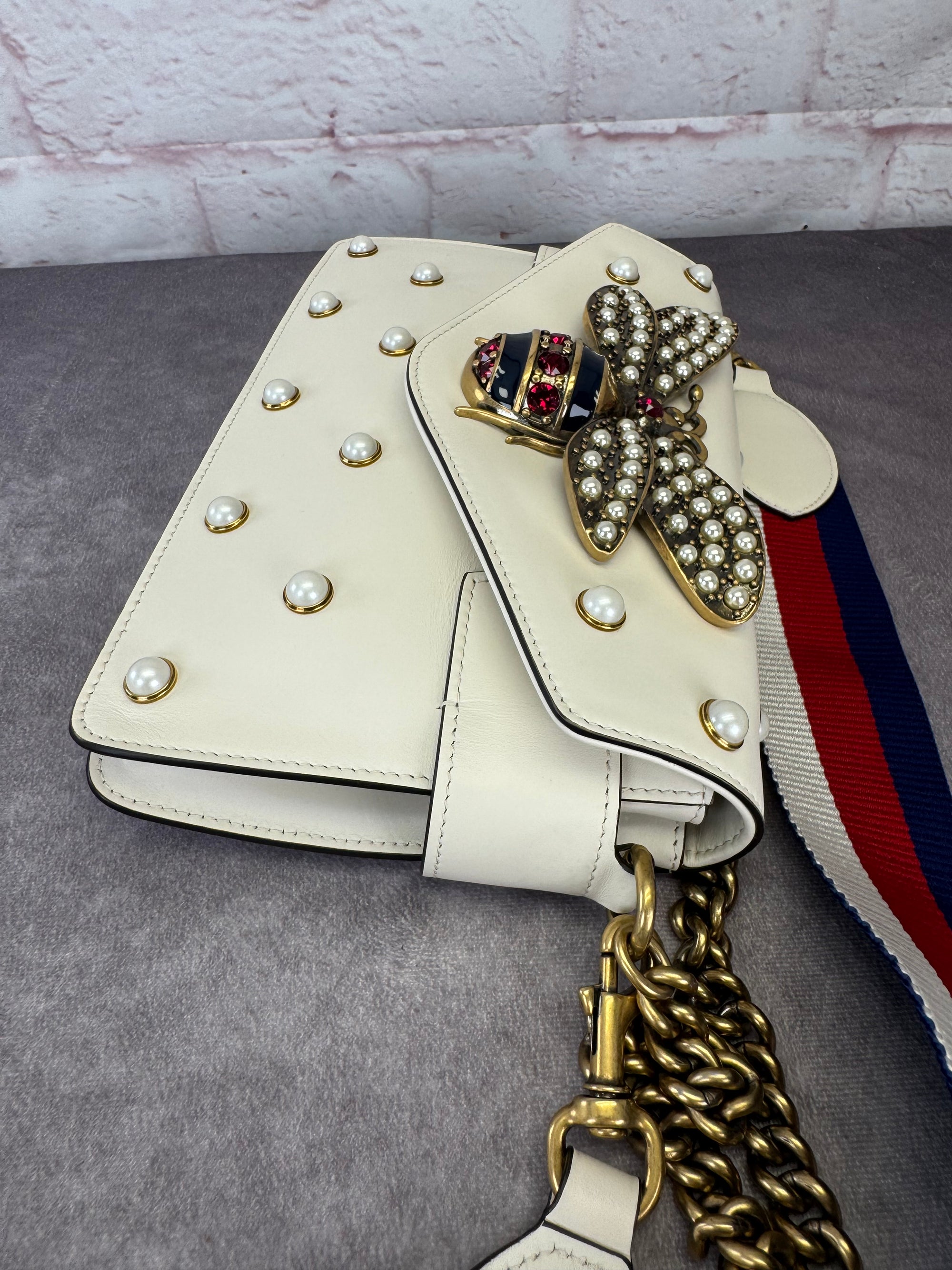 Gucci Queen Margaret Pearl Web Nappa Leather Flap Broadway Bag