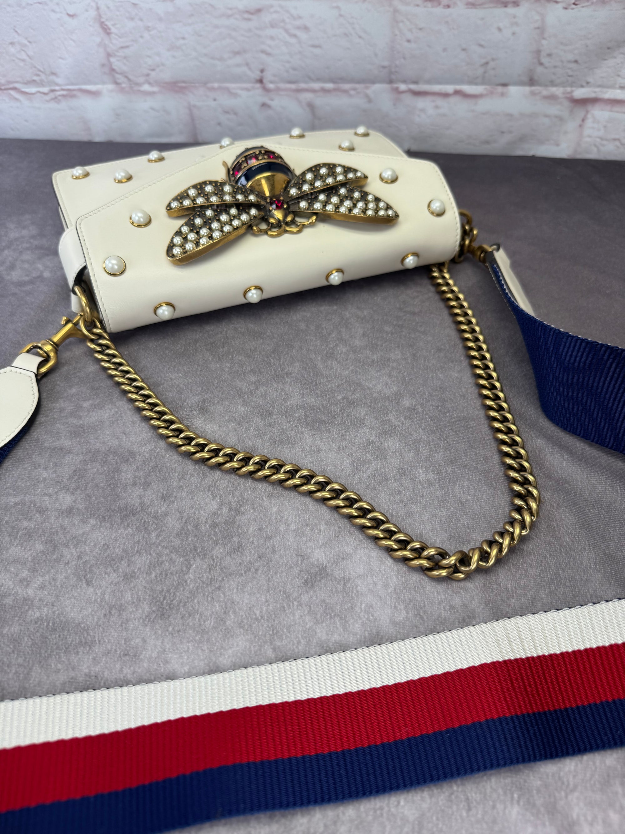 Gucci Queen Margaret Pearl Web Nappa Leather Flap Broadway Bag