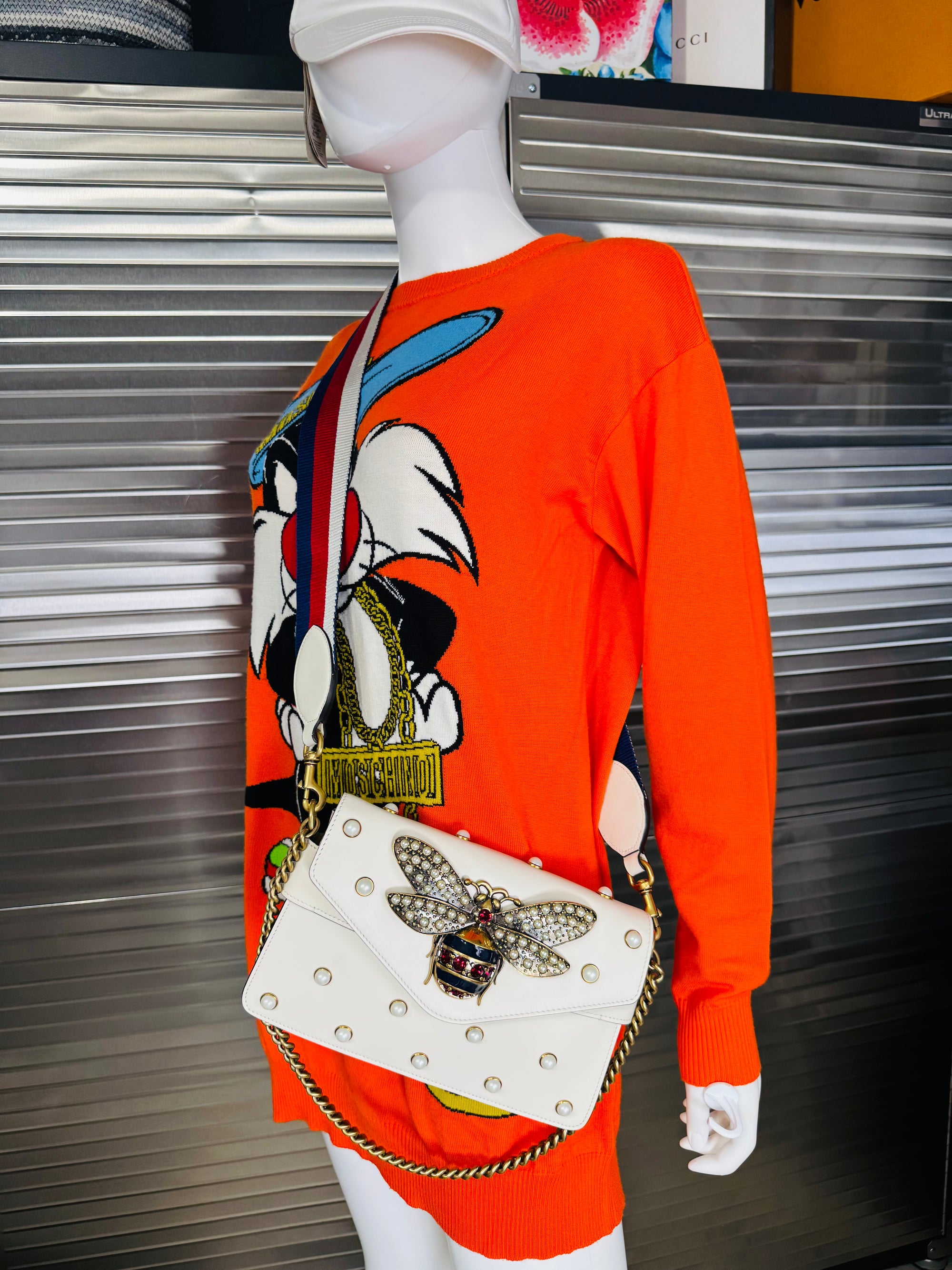 Gucci Queen Margaret Pearl Web Nappa Leather Flap Broadway Bag