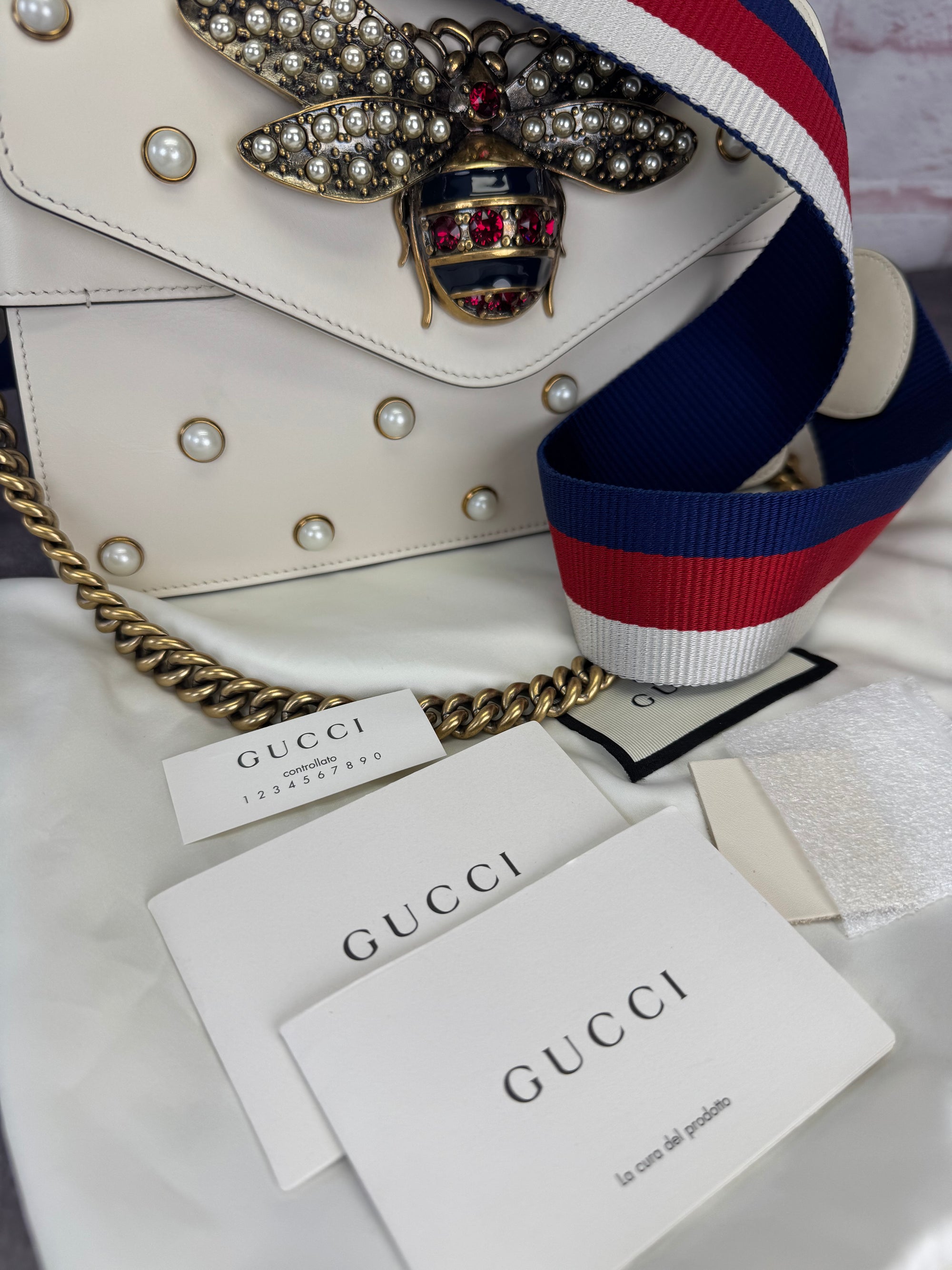 Gucci Queen Margaret Pearl Web Nappa Leather Flap Broadway Bag
